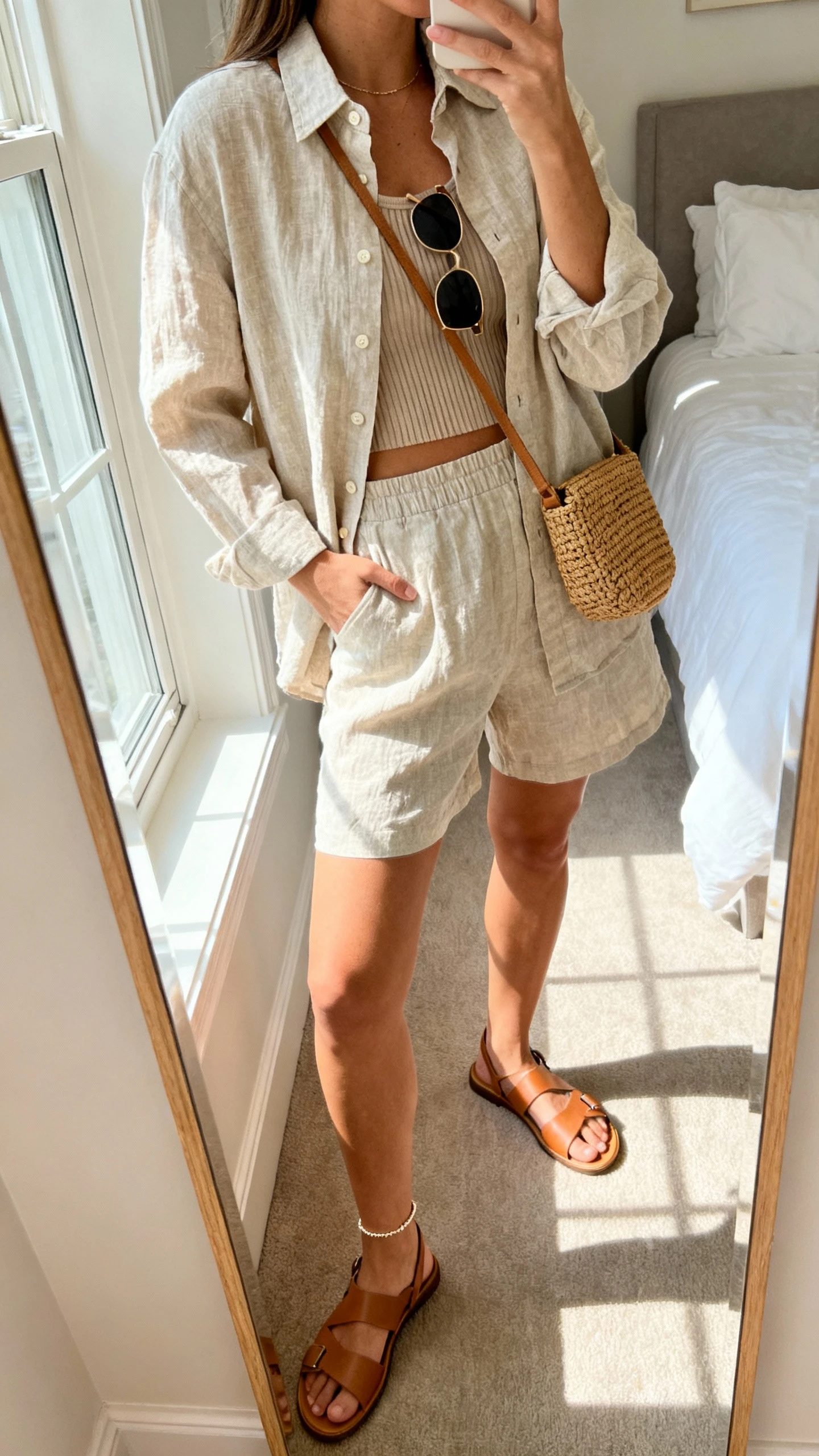 iPhone side-angle mirror selfie of a woman wearing a linen button-up shirt with matching shorts, tan strappy flat sandals, woven tan crossbody, slim sunglasses, and a delicate anklet, with a ribbed tank peeking under the unbuttoned shirt; face not visible, bedroom mirror, sunny window light, iPhone photo quality.