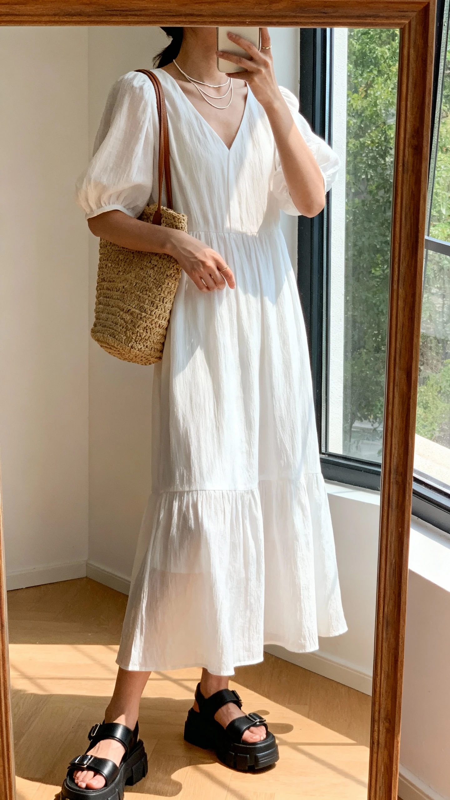 iPhone side-angle mirror selfie of a woman wearing a breezy white dress with tough black chunky sandals, straw tote, thin layered necklaces, face not visible, full-length mirror near window, sunny indoor light, iPhone photo quality.