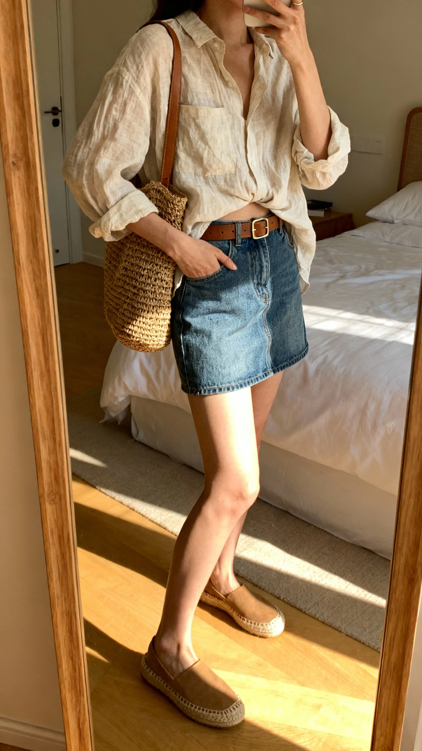 iPhone side-angle mirror selfie of a woman wearing a breezy linen shirt half-tucked into a denim mini skirt, espadrilles, and woven accessories (straw tote and belt), face not visible, sunlit bedroom mirror, iPhone photo quality.