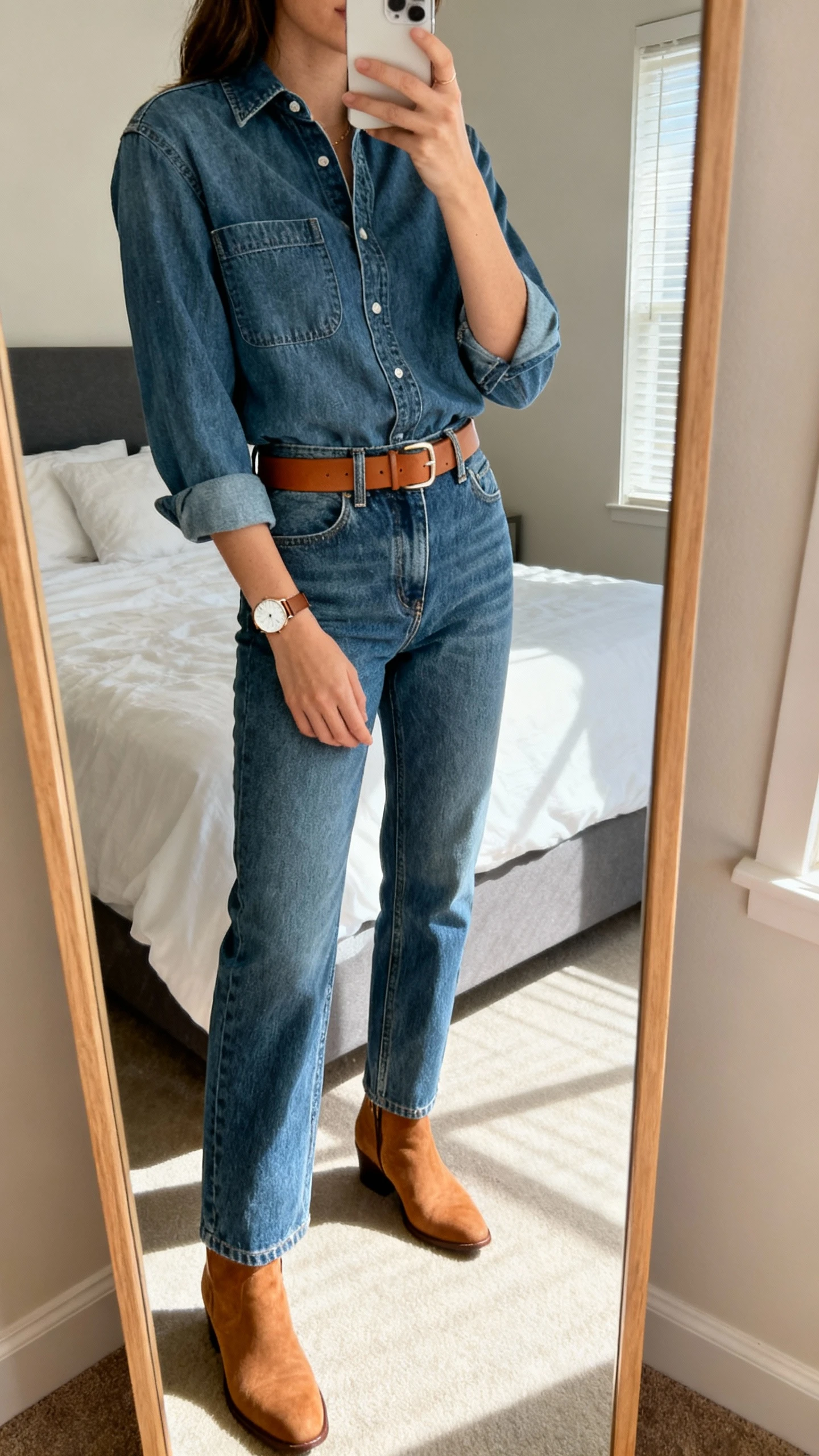 iPhone side-angle mirror selfie of a woman wearing a medium-wash denim shirt tucked into high-rise straight-leg jeans in a similar wash, tan belt, tan ankle boots, and a simple watch, face not visible, cropped at shoulders, bedroom mirror, natural daylight, iPhone photo quality.