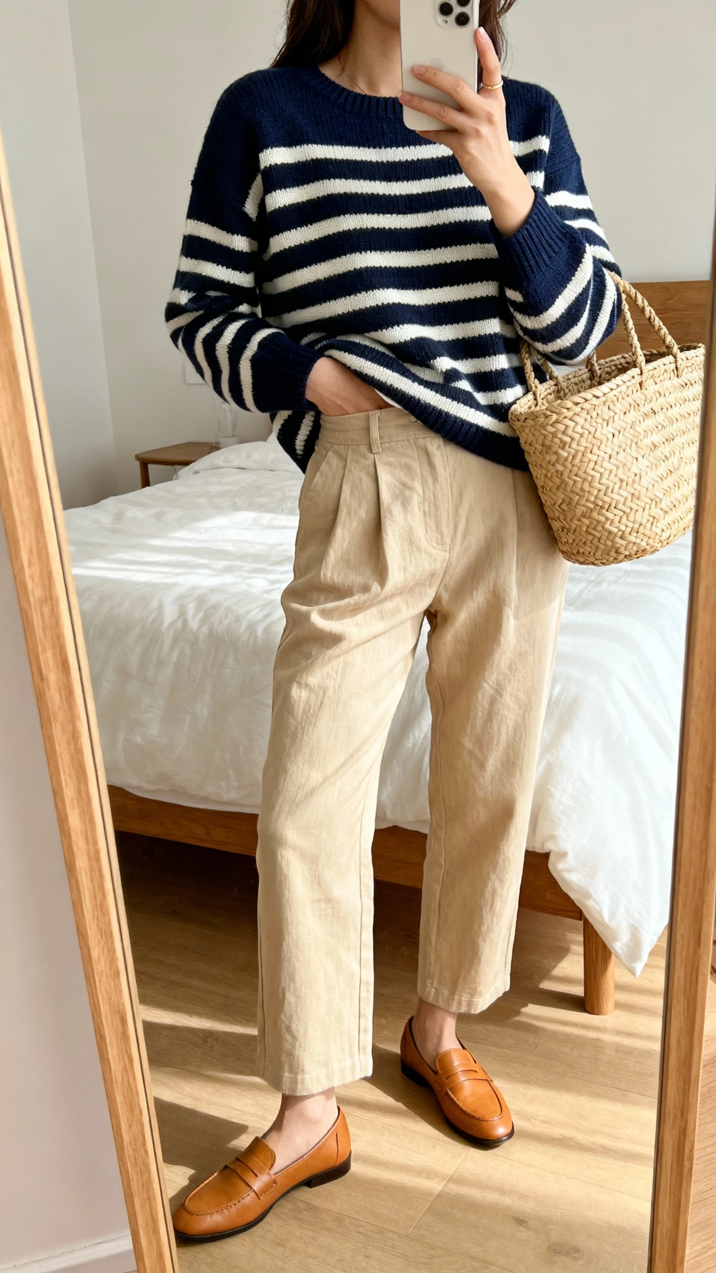iPhone side-angle mirror selfie of a woman wearing beige linen trousers with a navy-and-cream striped knit sweater half-tucked, tan leather loafers, woven basket bag, face not visible, cropped at neck, bedroom mirror, soft natural light, iPhone photo quality.