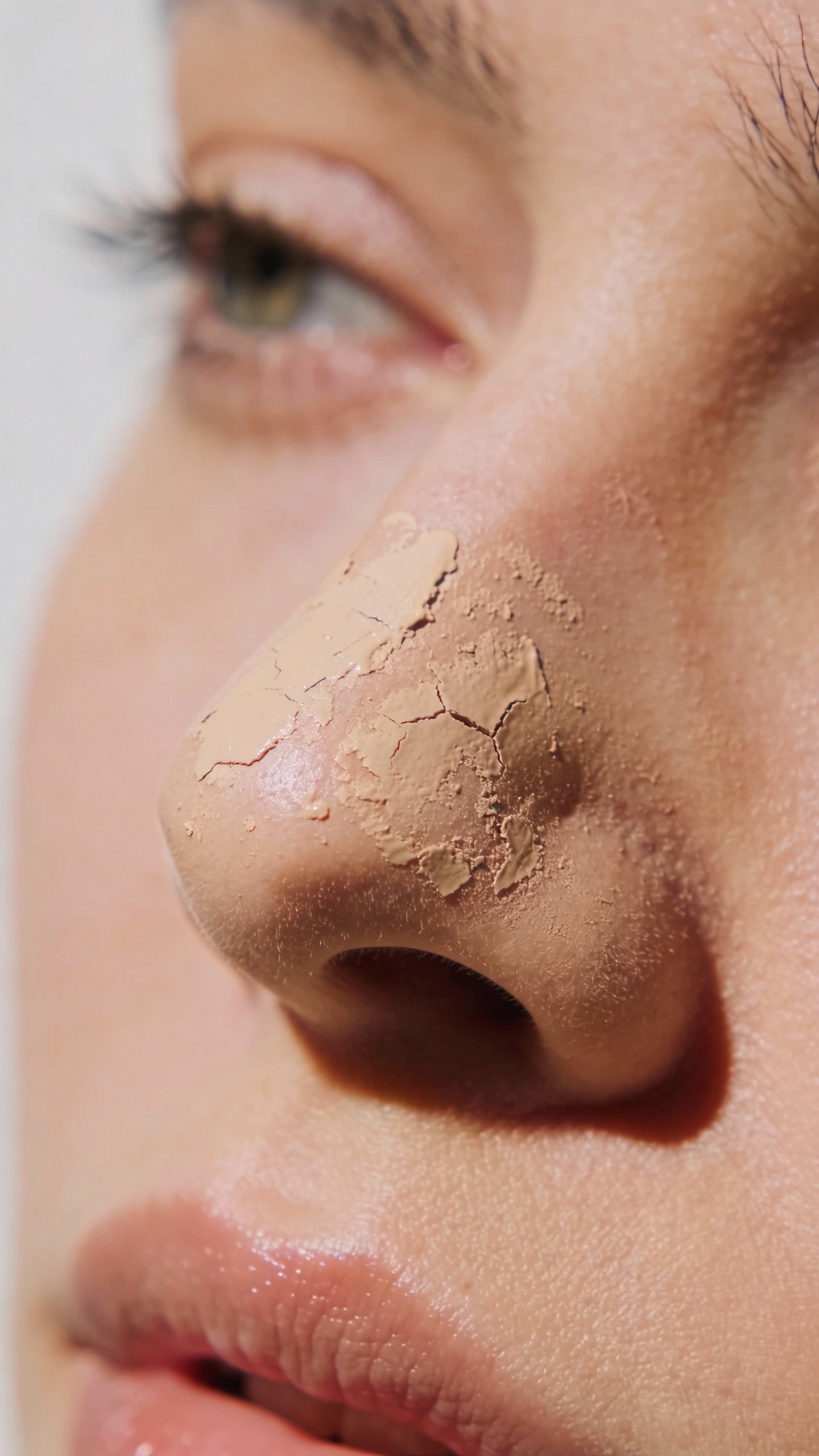 closeup of flaky foundation on nose, soft studio lighting