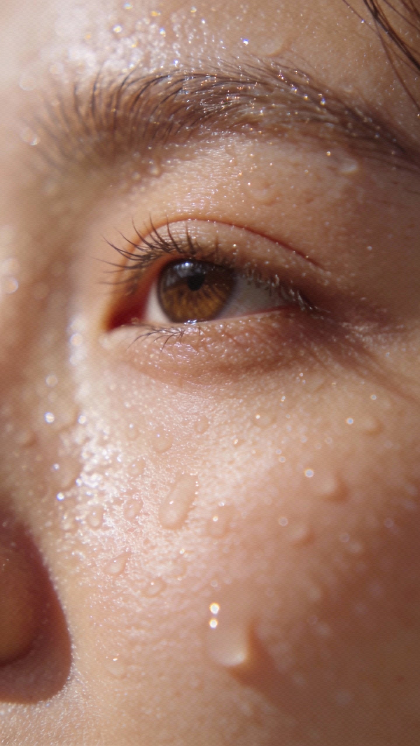 single dewy cheek with hydrating mist droplets, macro shot