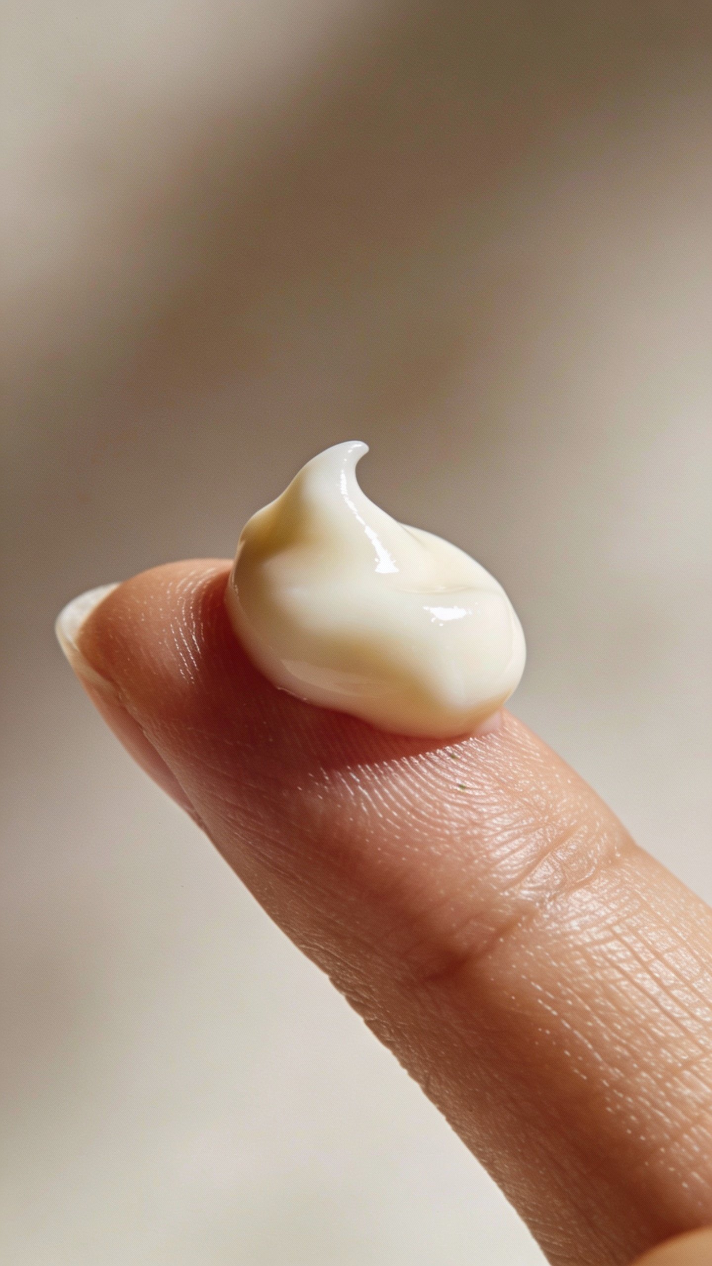 single pump of creamy ceramide moisturizer on fingertip, macro
