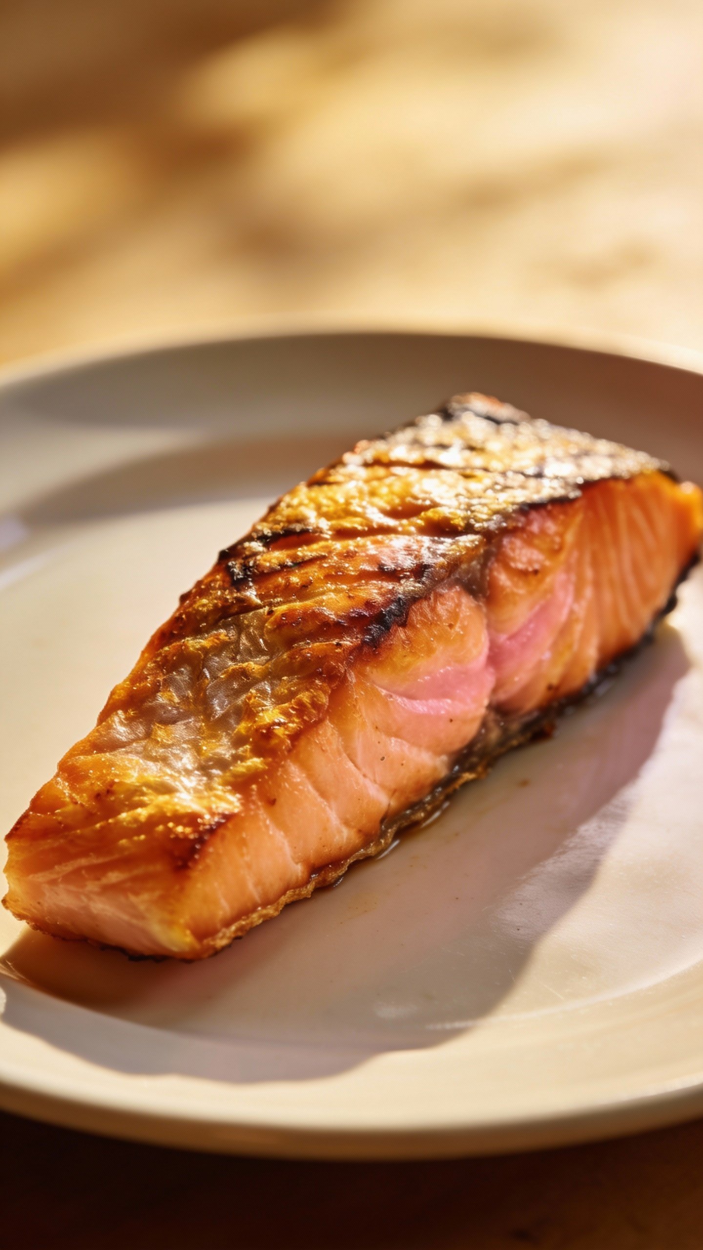 single grilled salmon fillet on white ceramic plate