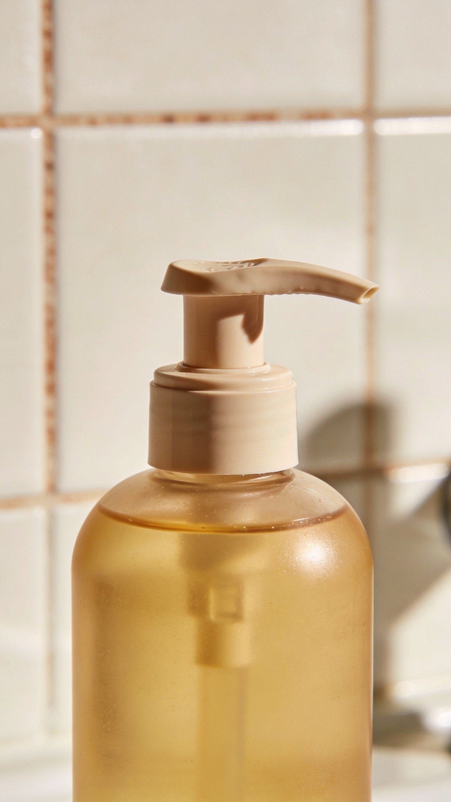 closeup of oil cleanser bottle with pump, bathroom tile backdrop