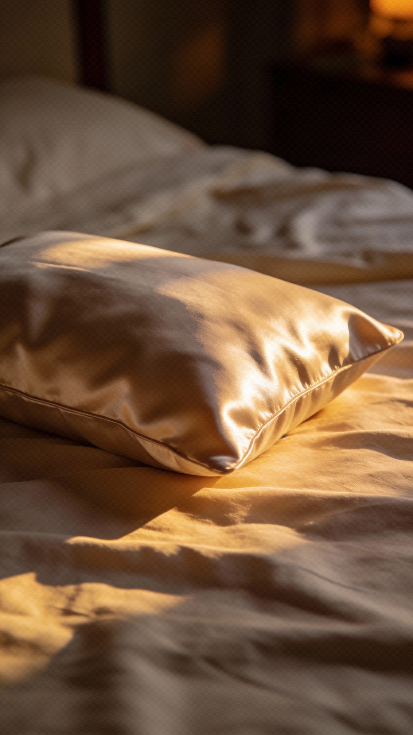 single silk pillowcase on bed, soft evening light