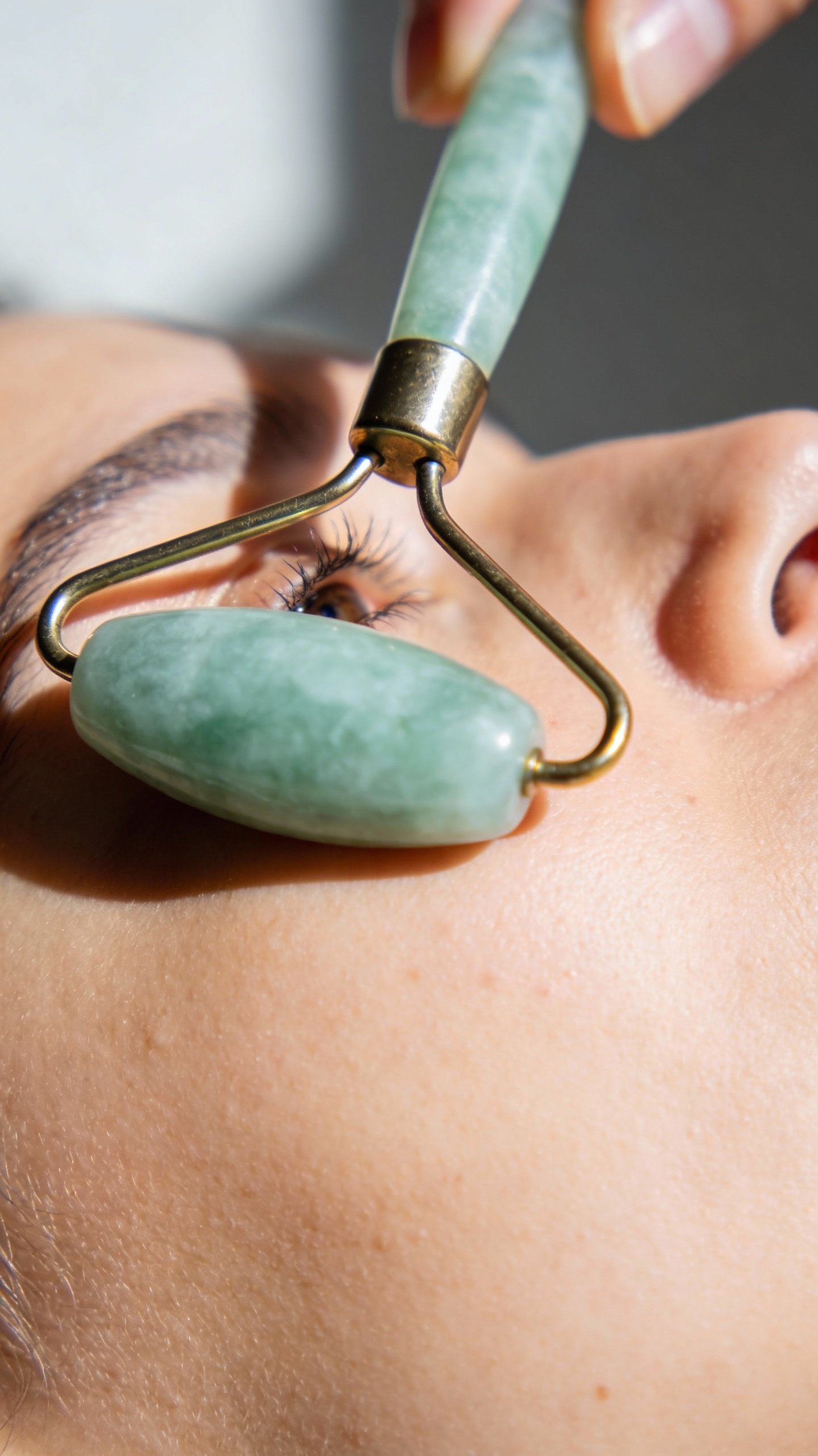 chilled jade roller on under-eye area, soft morning light