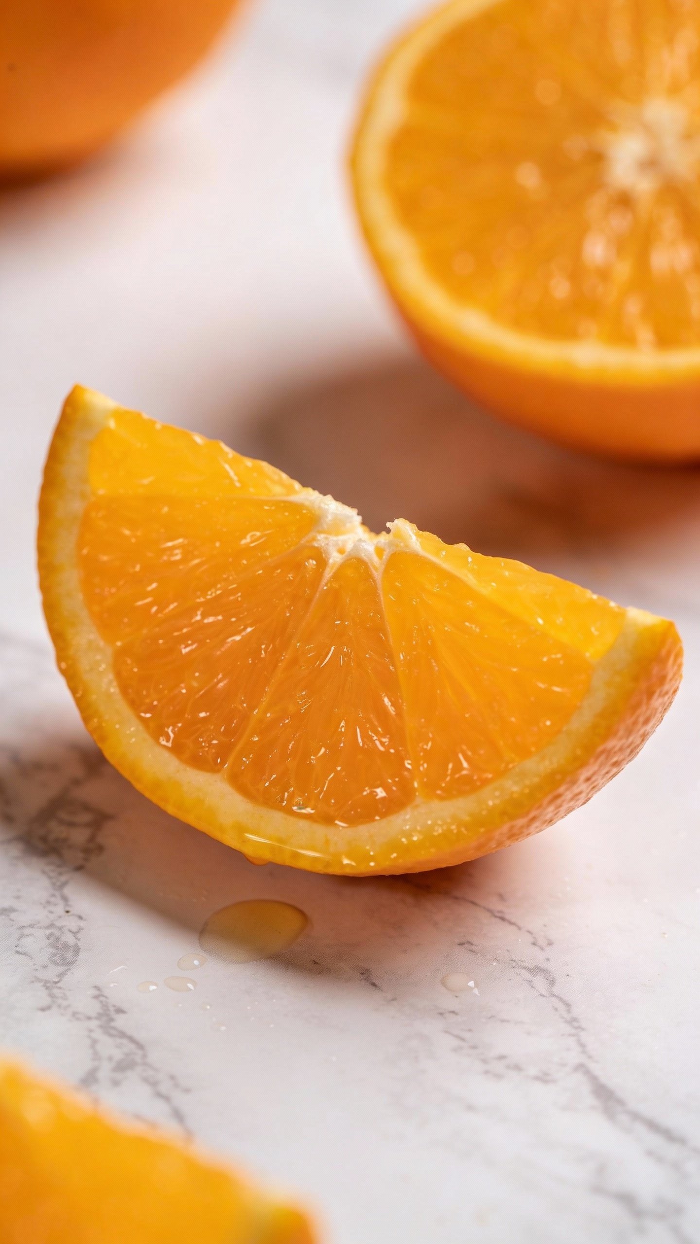closeup of vitamin C-rich orange slice on white marble
