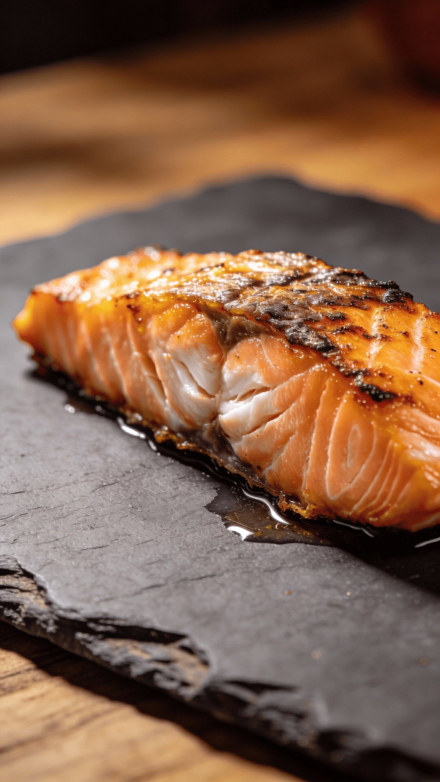focused shot of lean grilled salmon fillet on slate plate