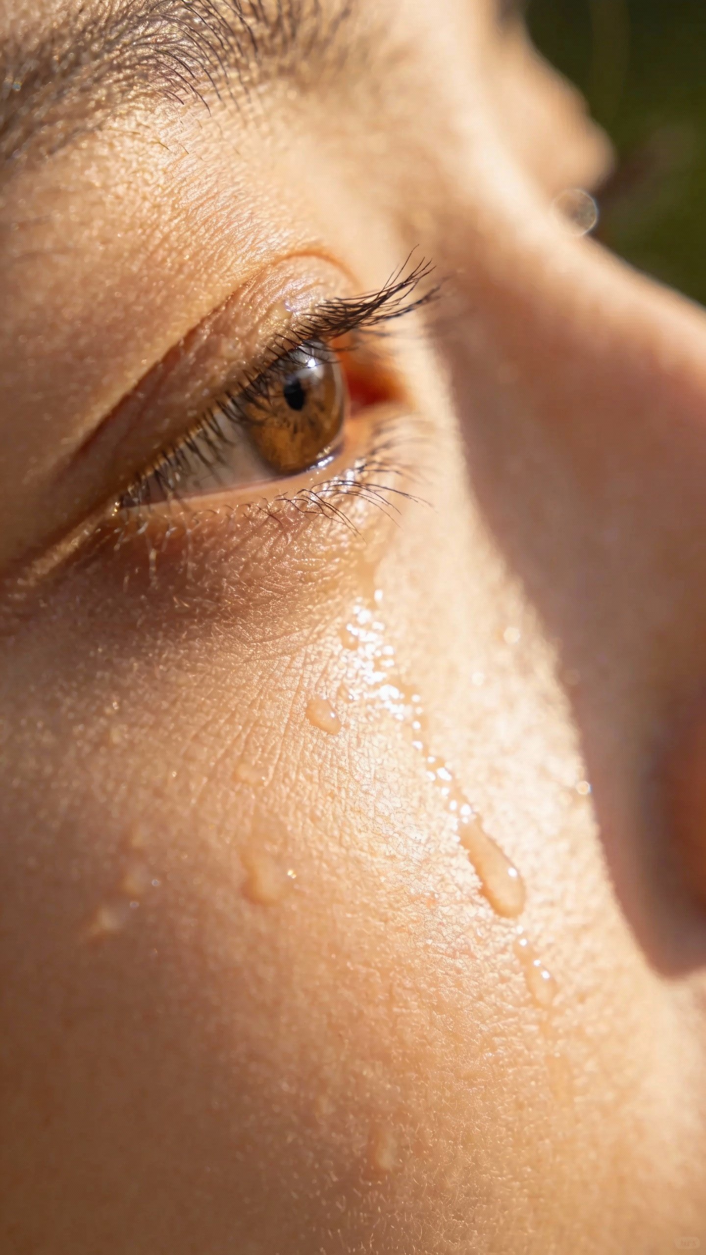 closeup of single dewy cheek with fine lines softlight