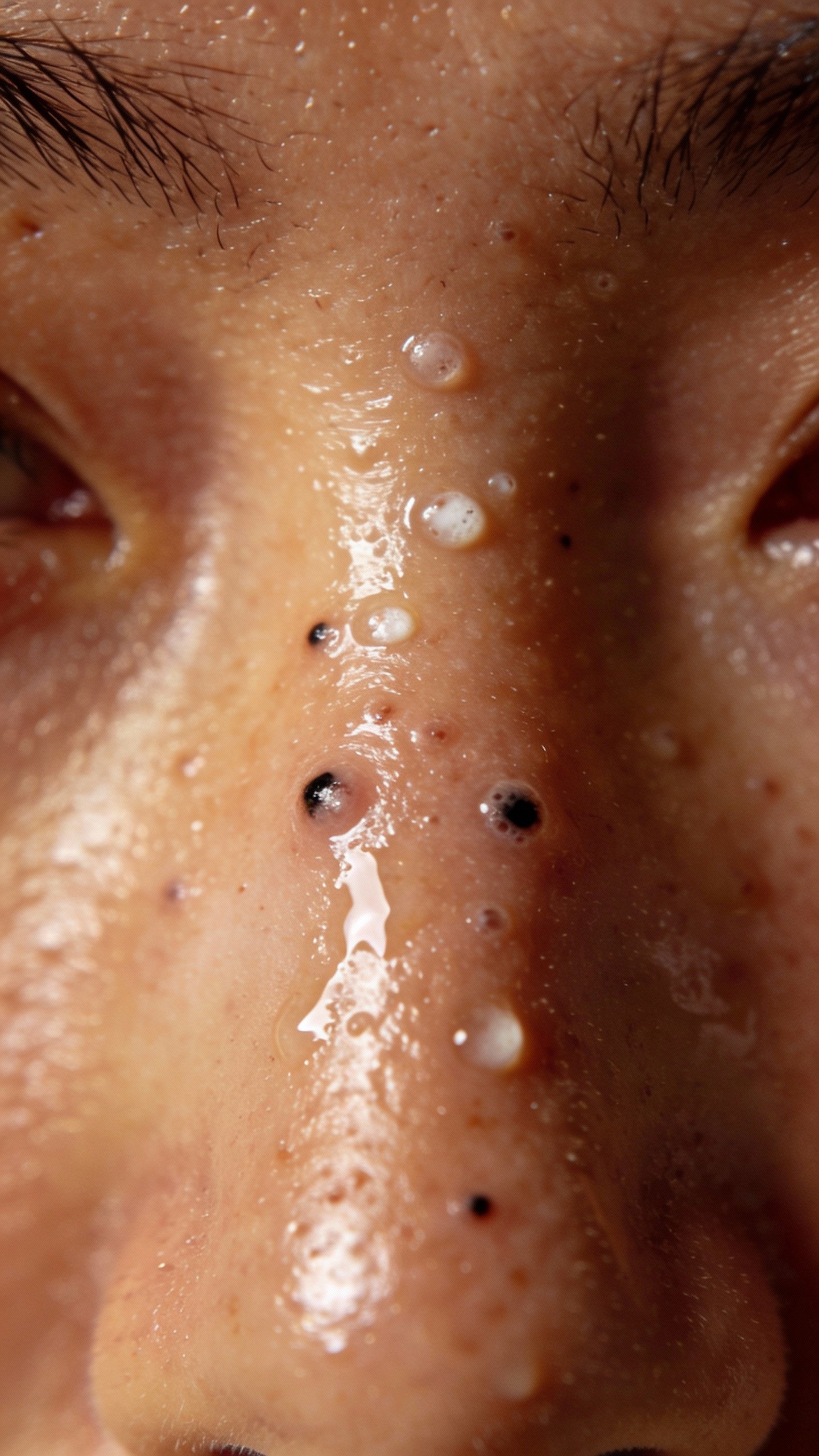 closeup of oily T-zone skin with visible clogged pore