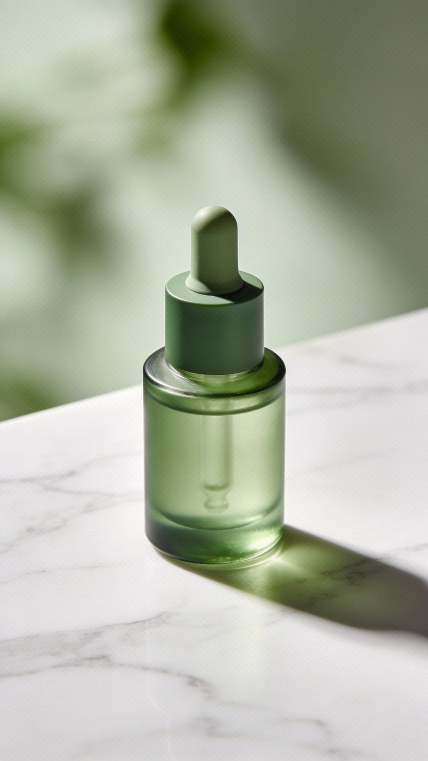 single jade green niacinamide serum bottle on white marble