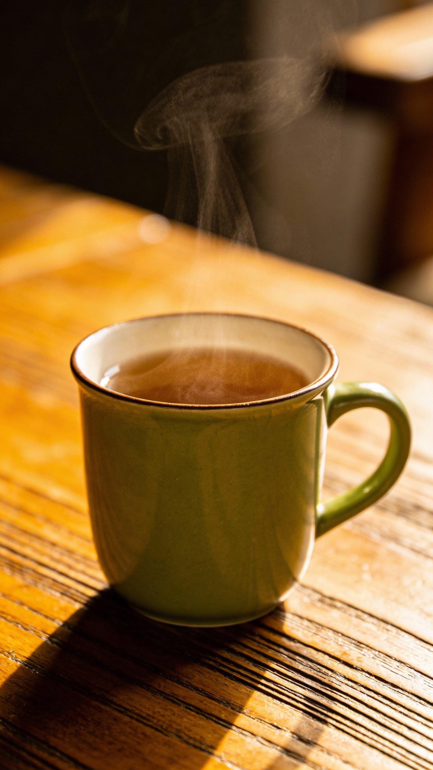 single steaming green tea mug on wooden table
