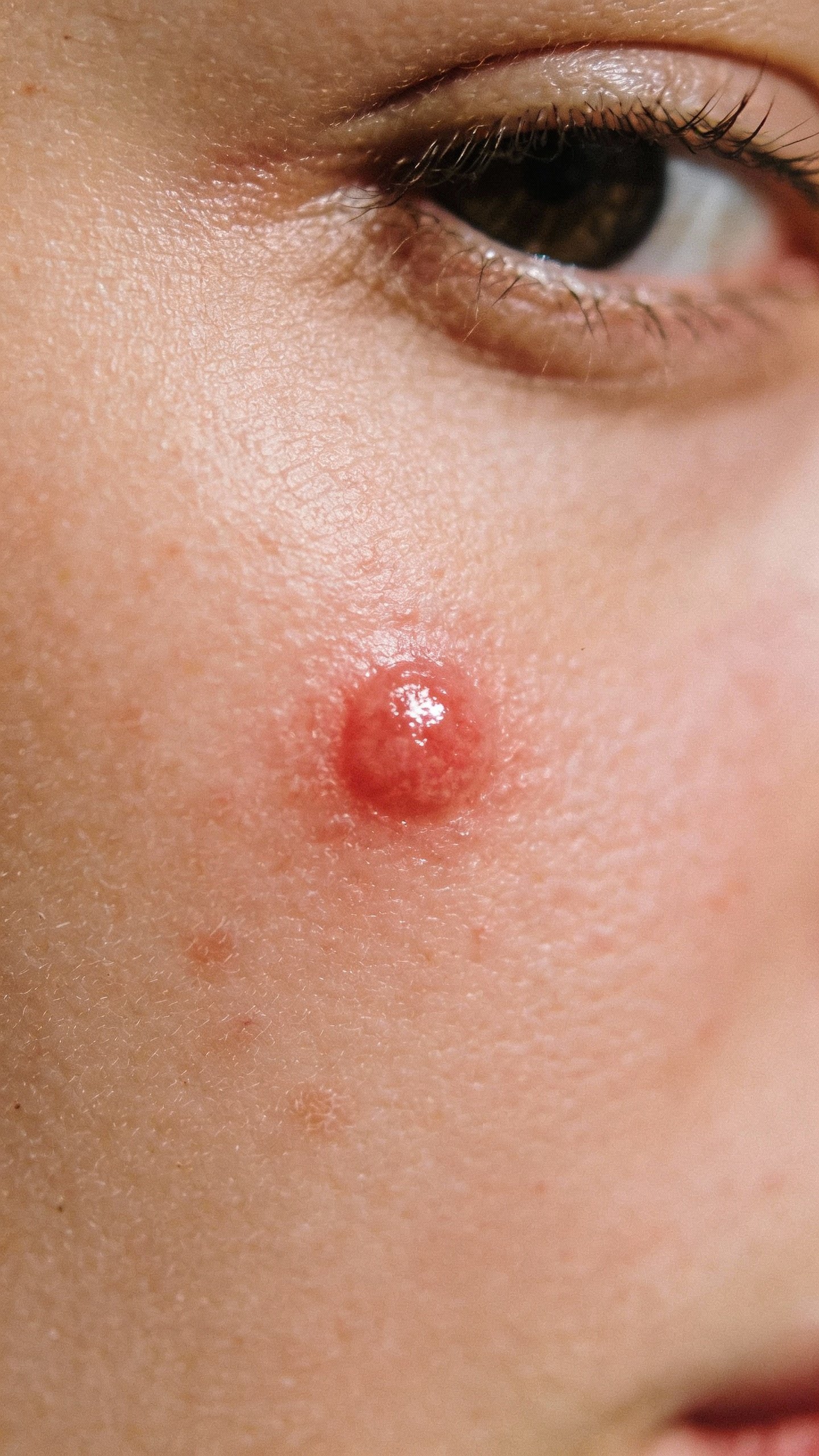 closeup of a single inflamed pimple on cheek, soft lighting
