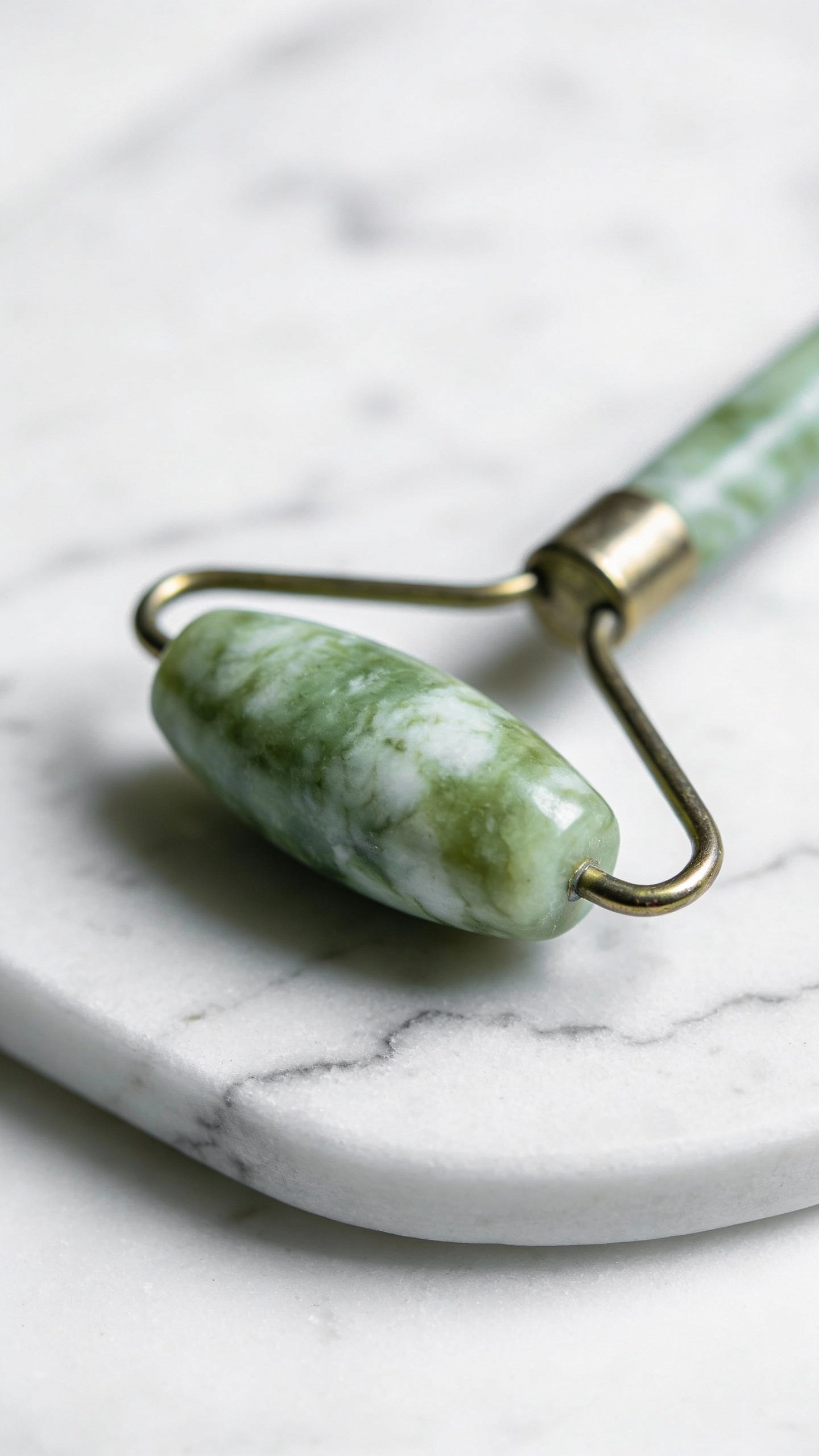 single jade roller on white marble, studio macro