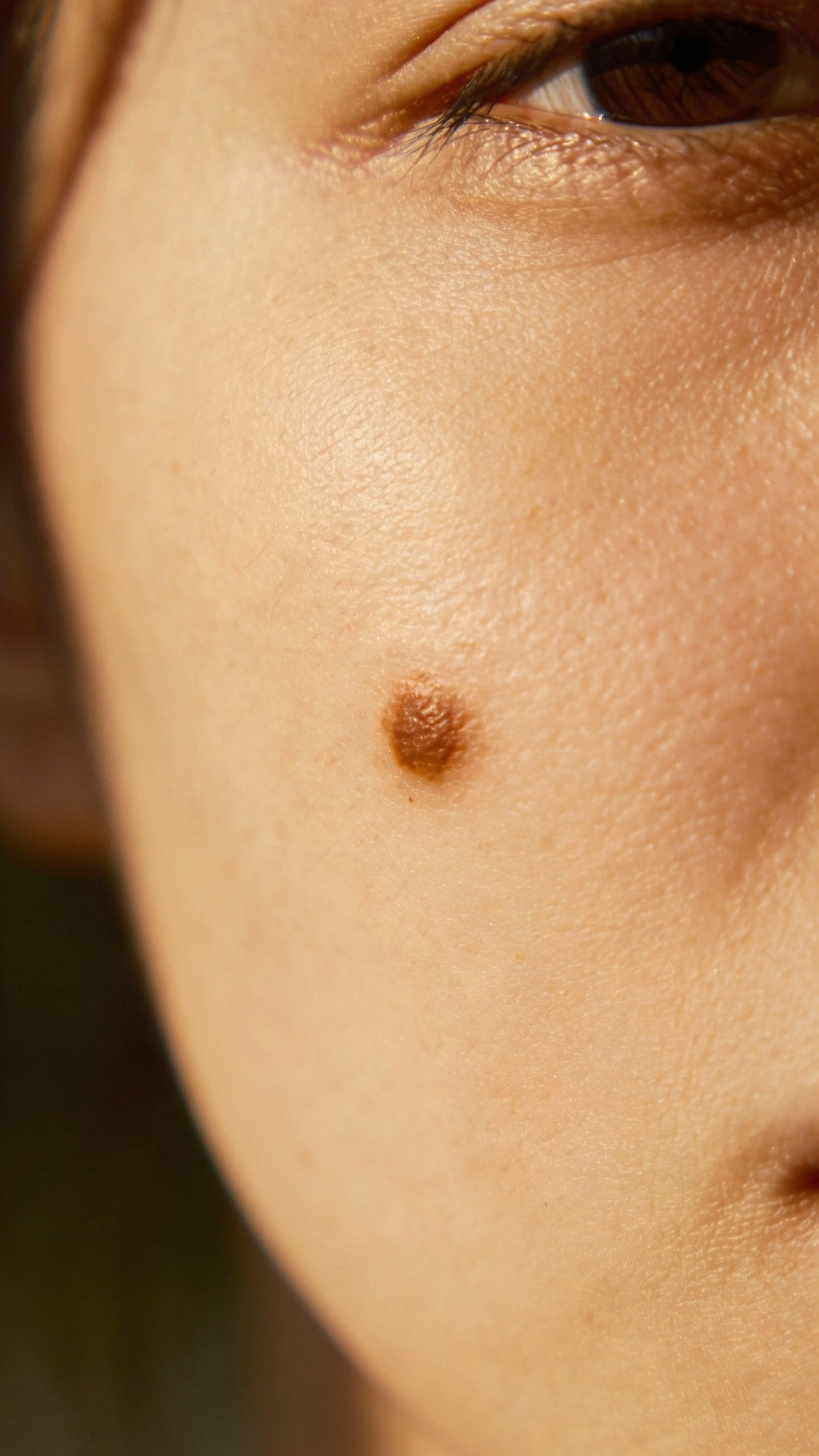 macro of single brown sunspot on cheek, natural light