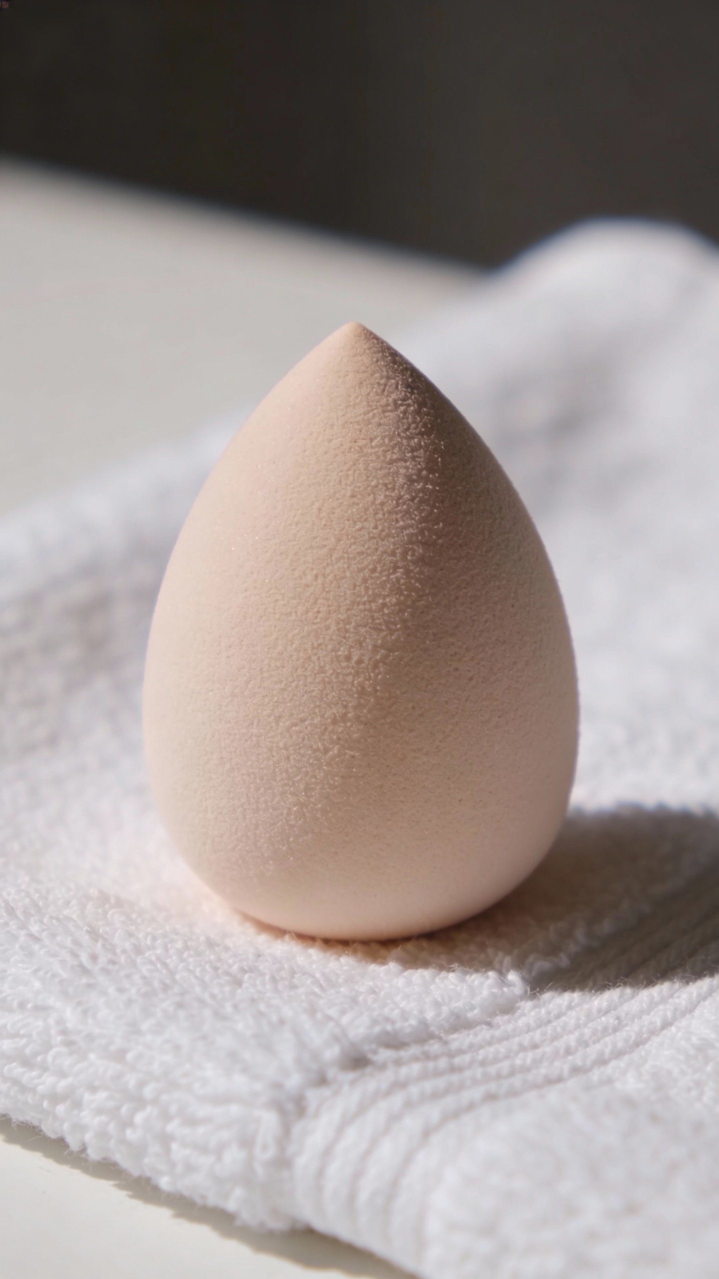 Closeup of clean makeup sponge on white towel, studio light
