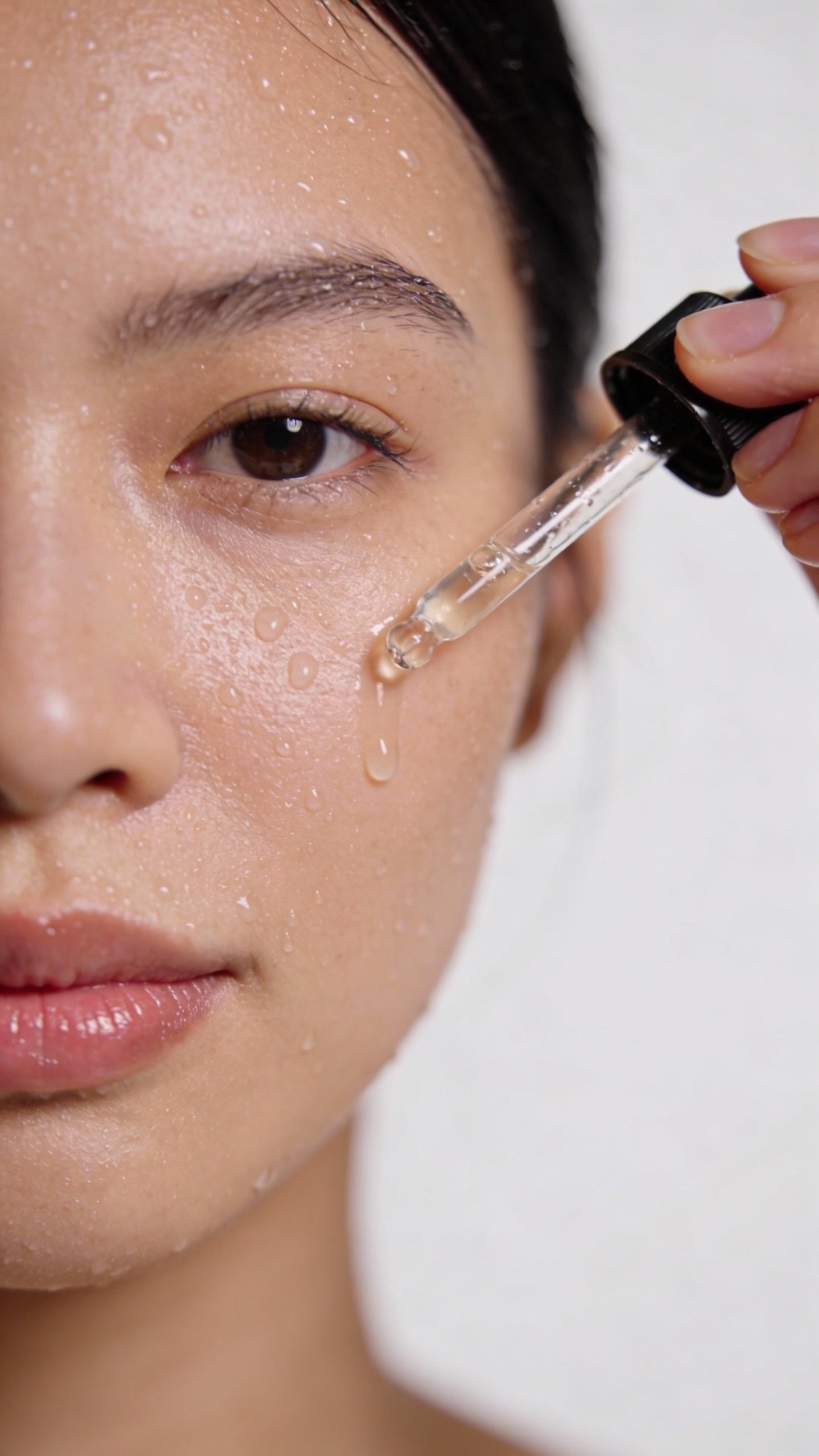 Closeup of dewy face applying hyaluronic acid dropper
