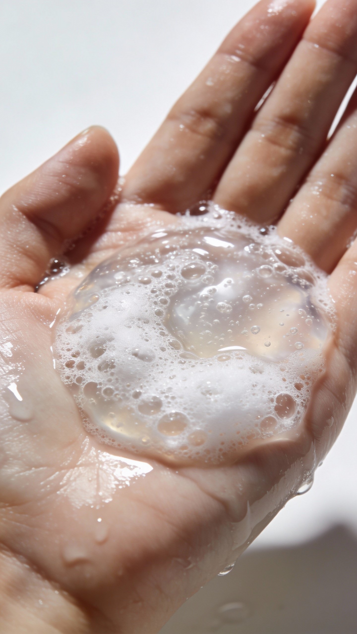 foaming gel cleanser on wet palm, studio lighting