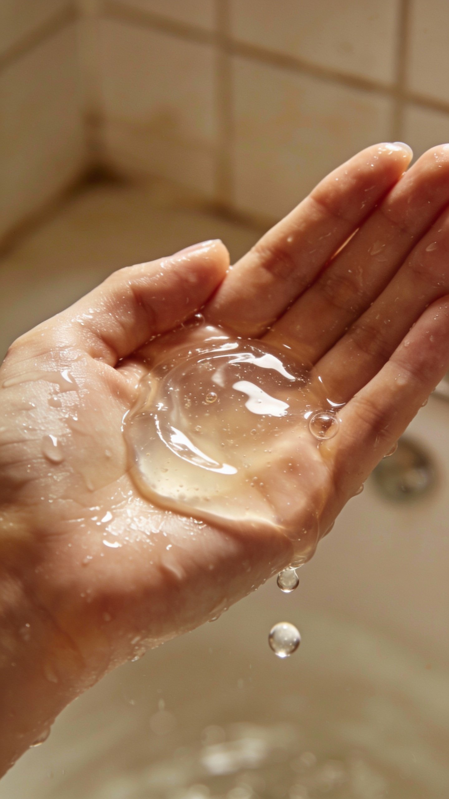 closeup of gentle gel cleanser in wet hand, bathroom light