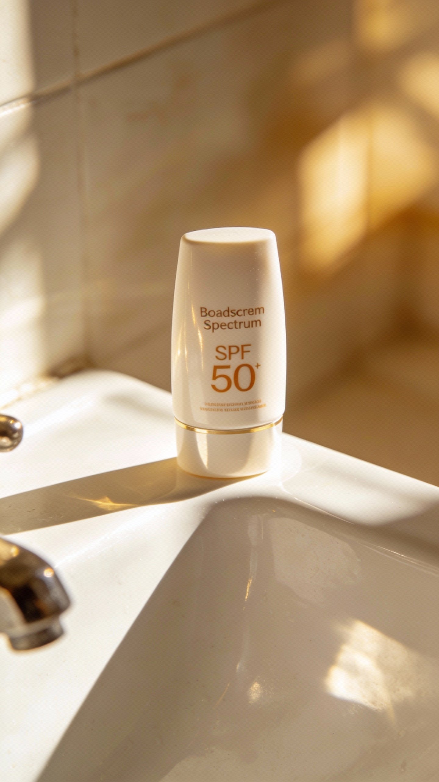 broad-spectrum SPF 50 tube on clean sink edge, morning sun