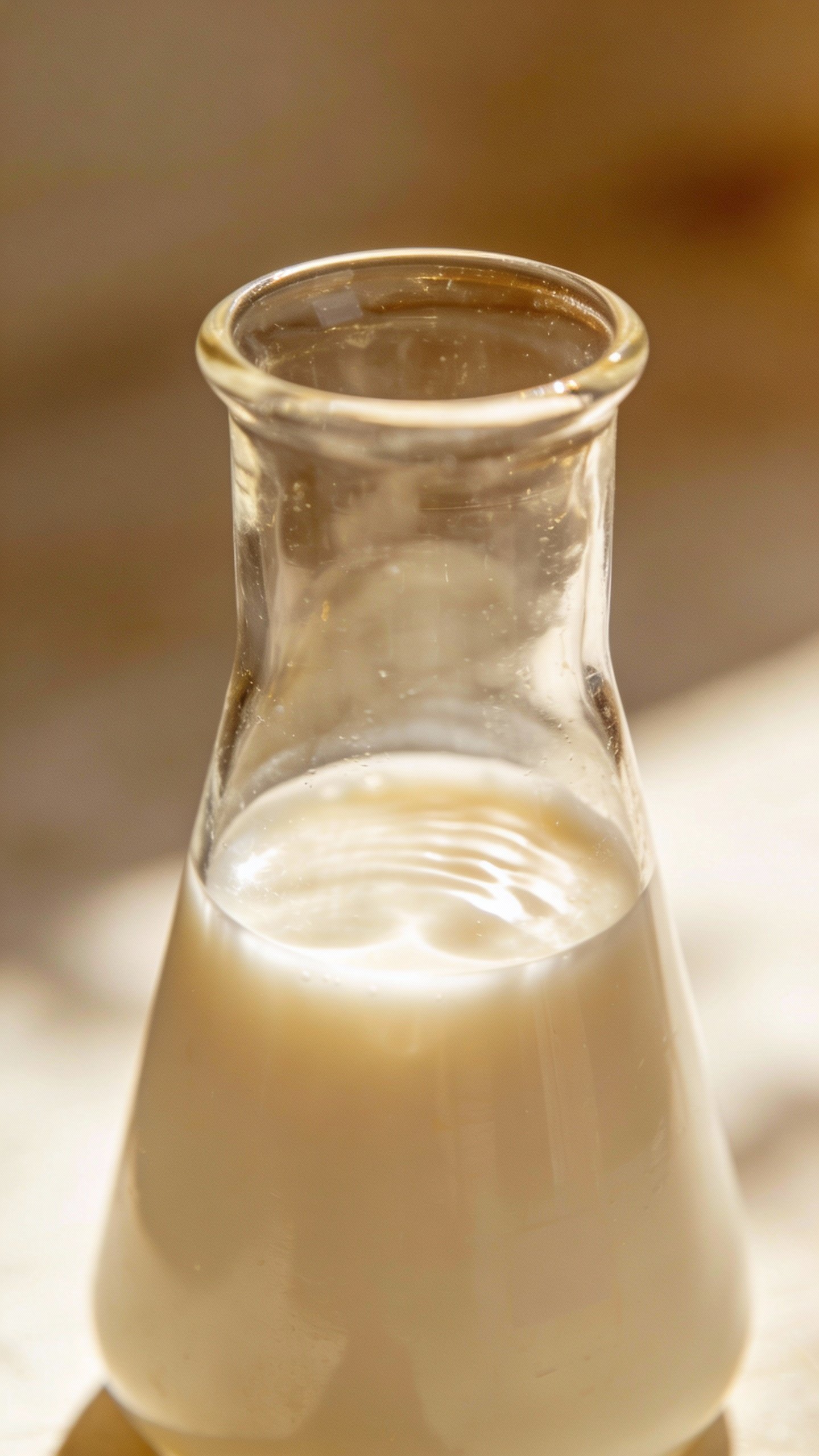 closeup of a single glass beaker of oat milk serum