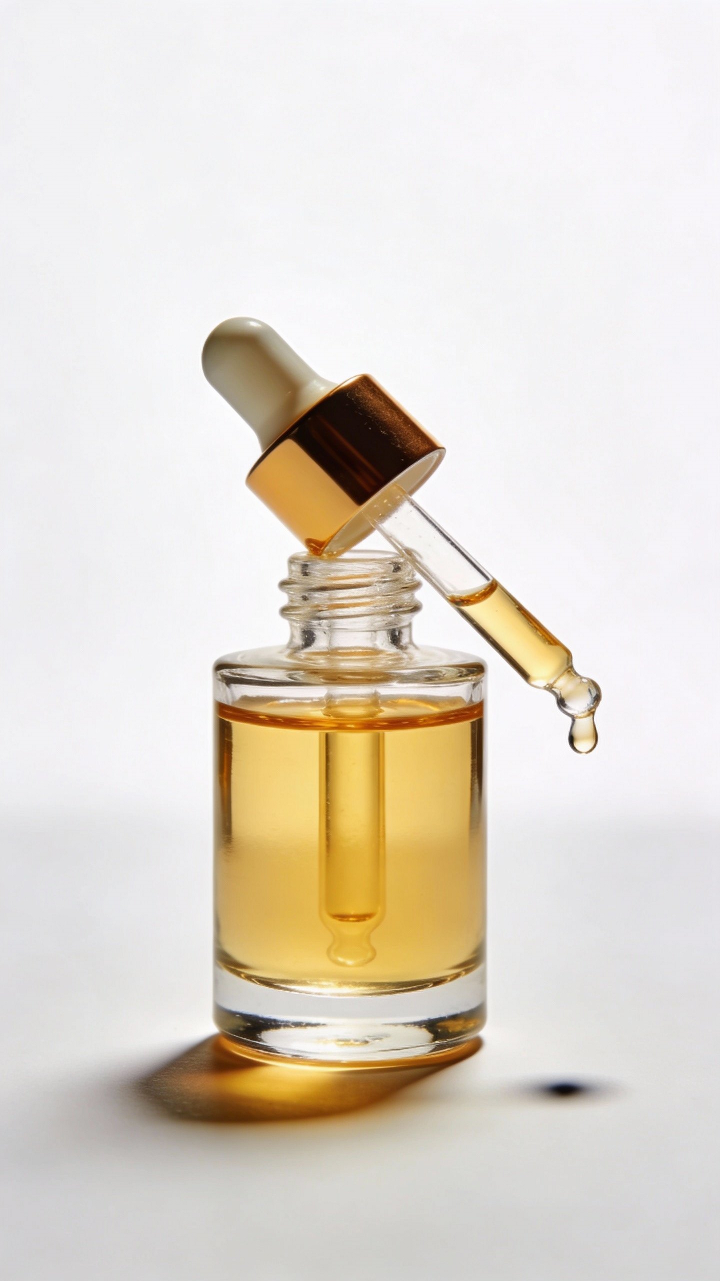 clear glass dropper of face oil against white background