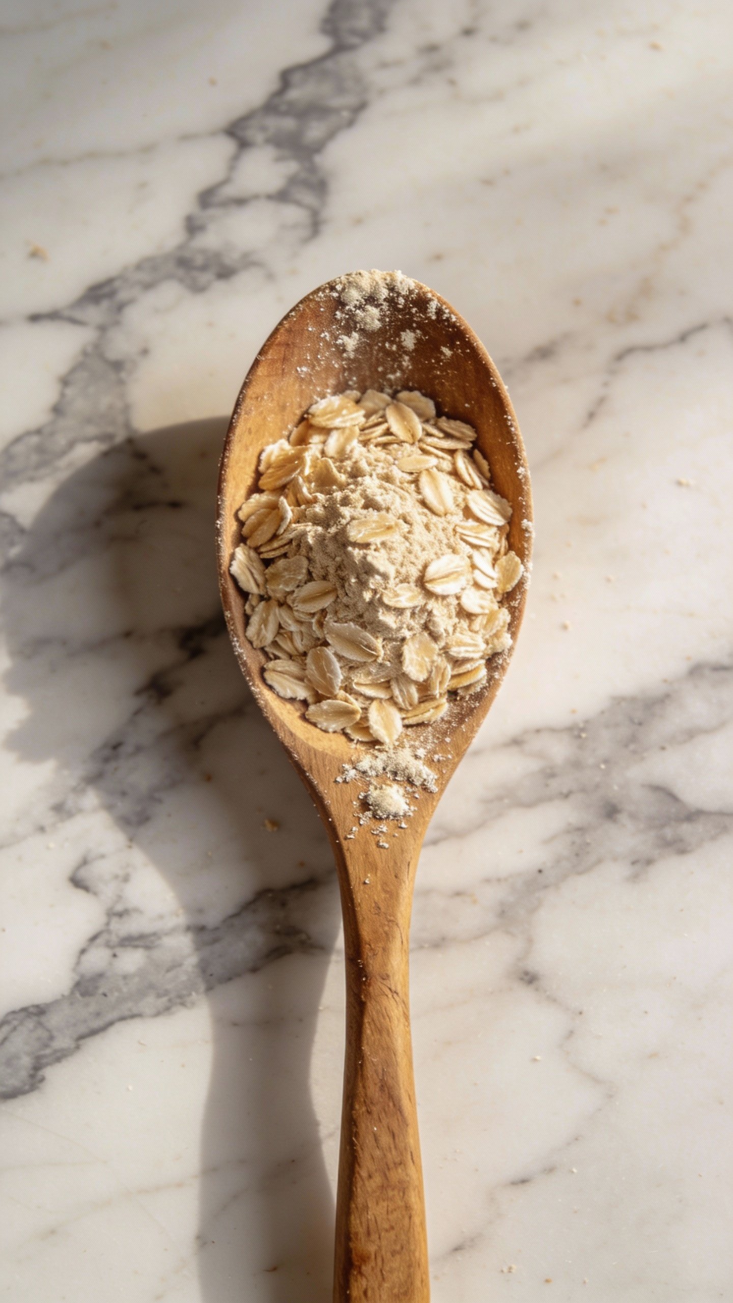 single wooden spoon with oatmeal powder on marble
