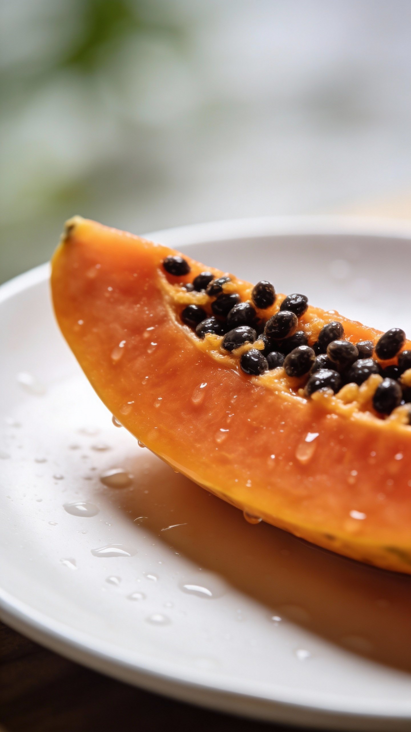 single fresh papaya slice with visible enzymes on white plate