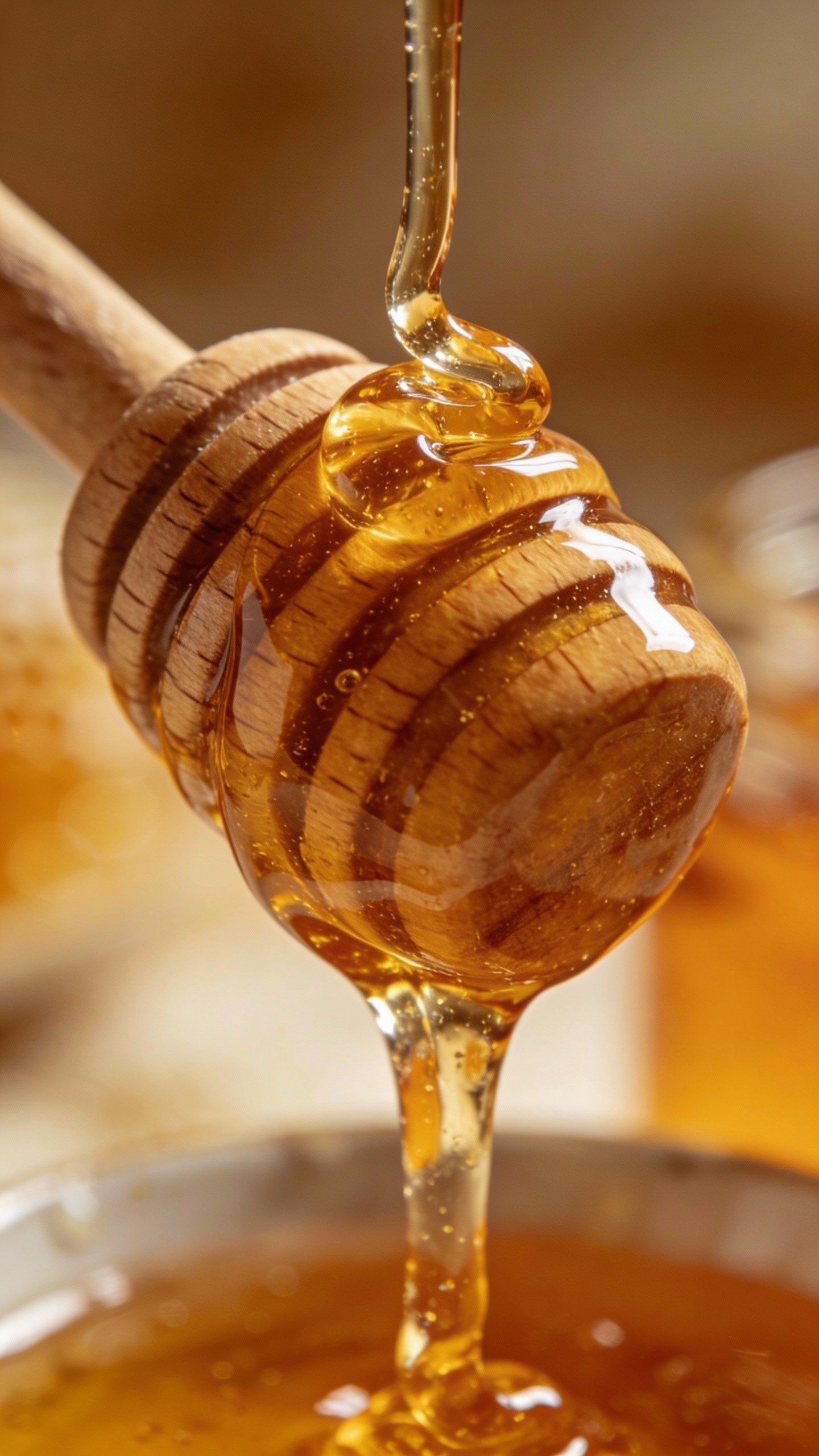 closeup of honey dripping from a wooden dipper