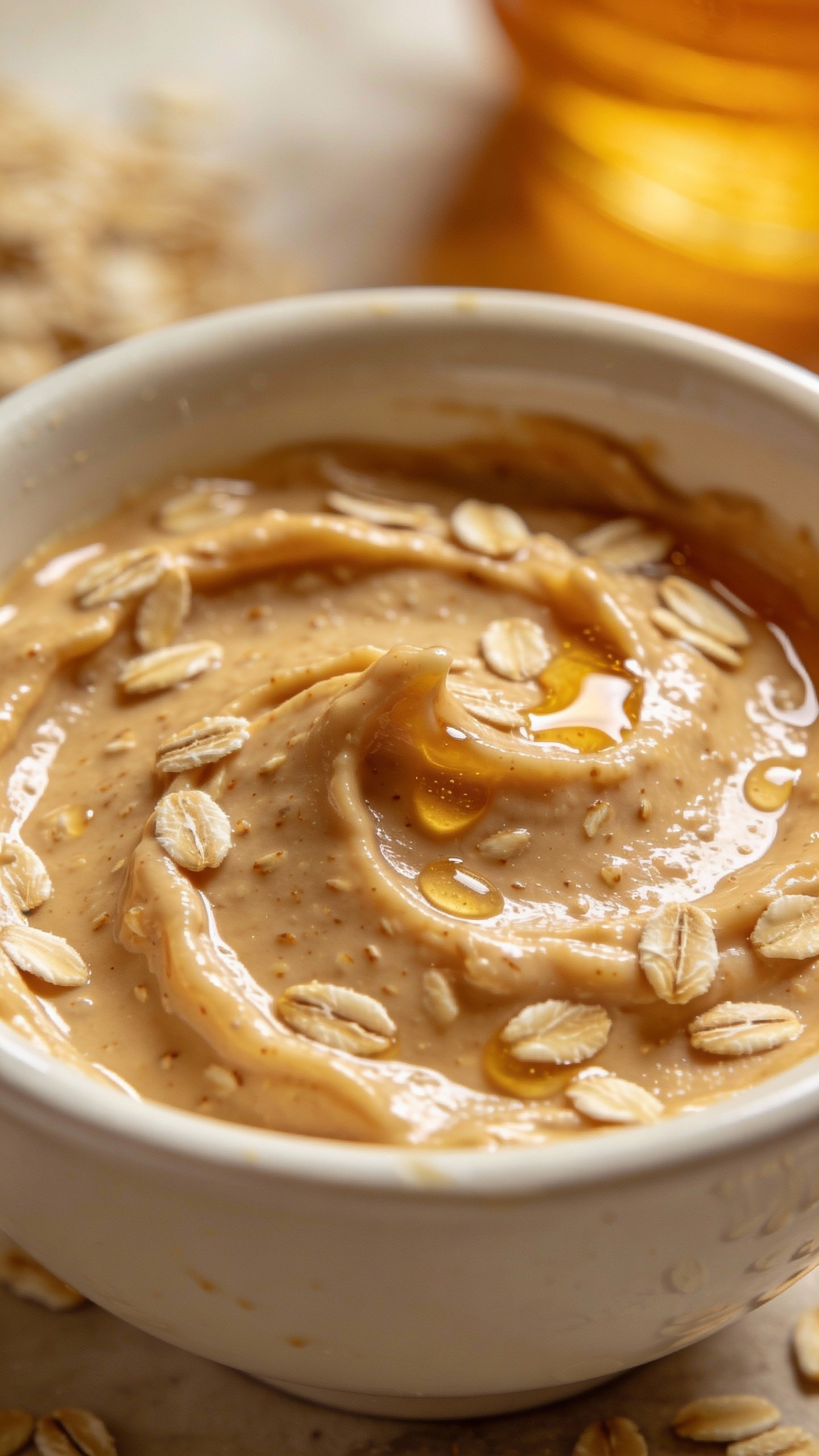 closeup of oatmeal honey face mask in white ceramic bowl