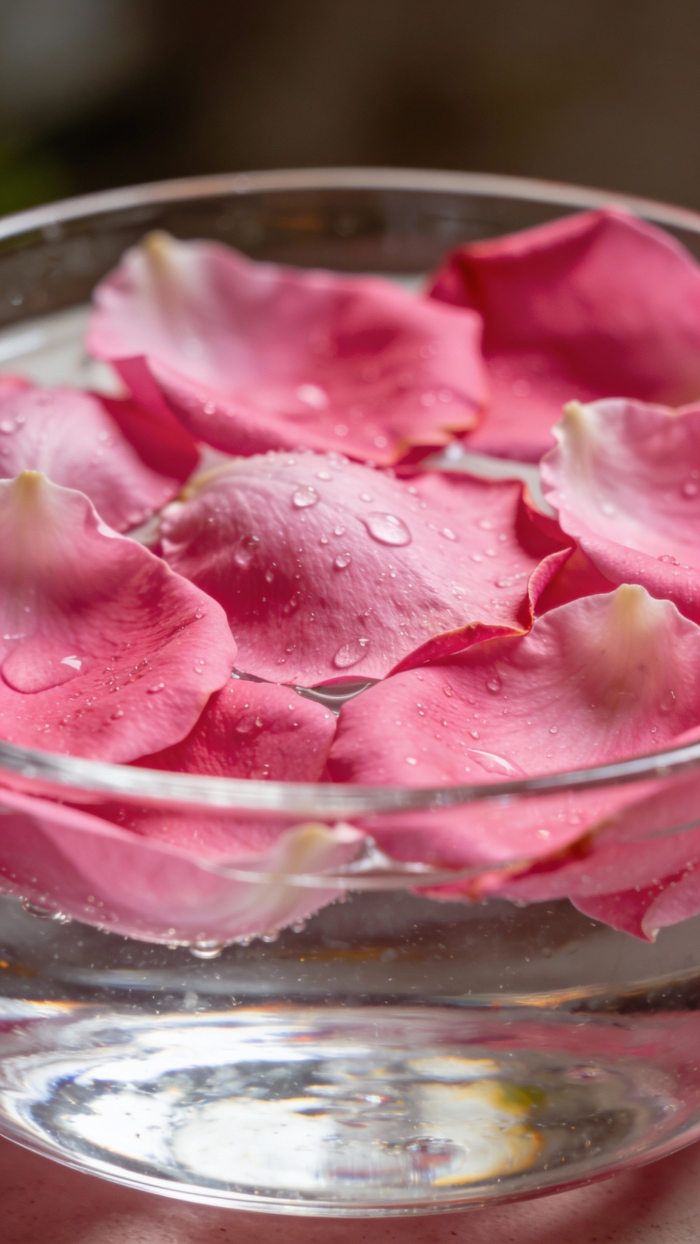 macro shot of fresh pink rose petals in glass bowl