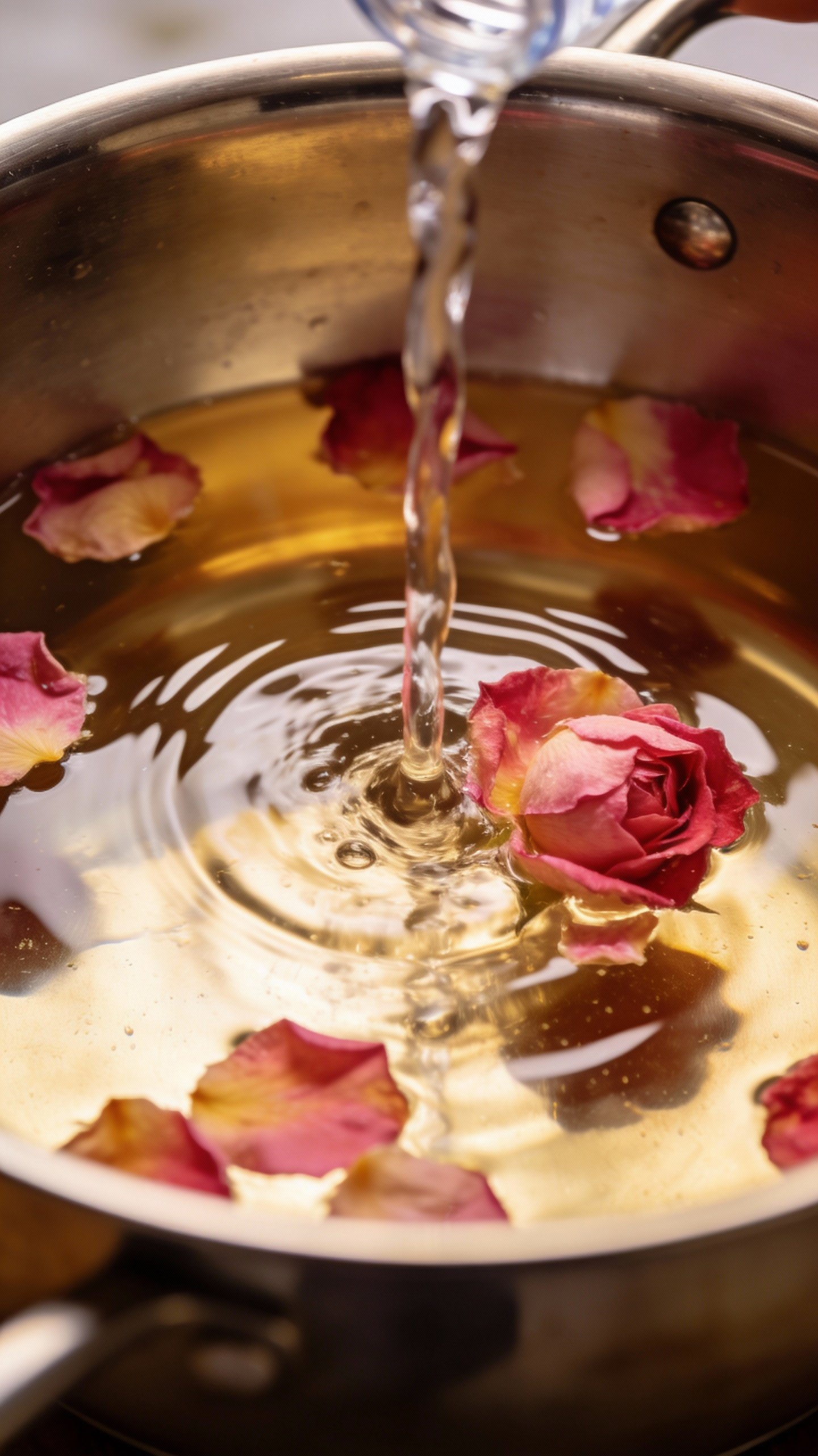 distilled water pouring into saucepan with rose petals