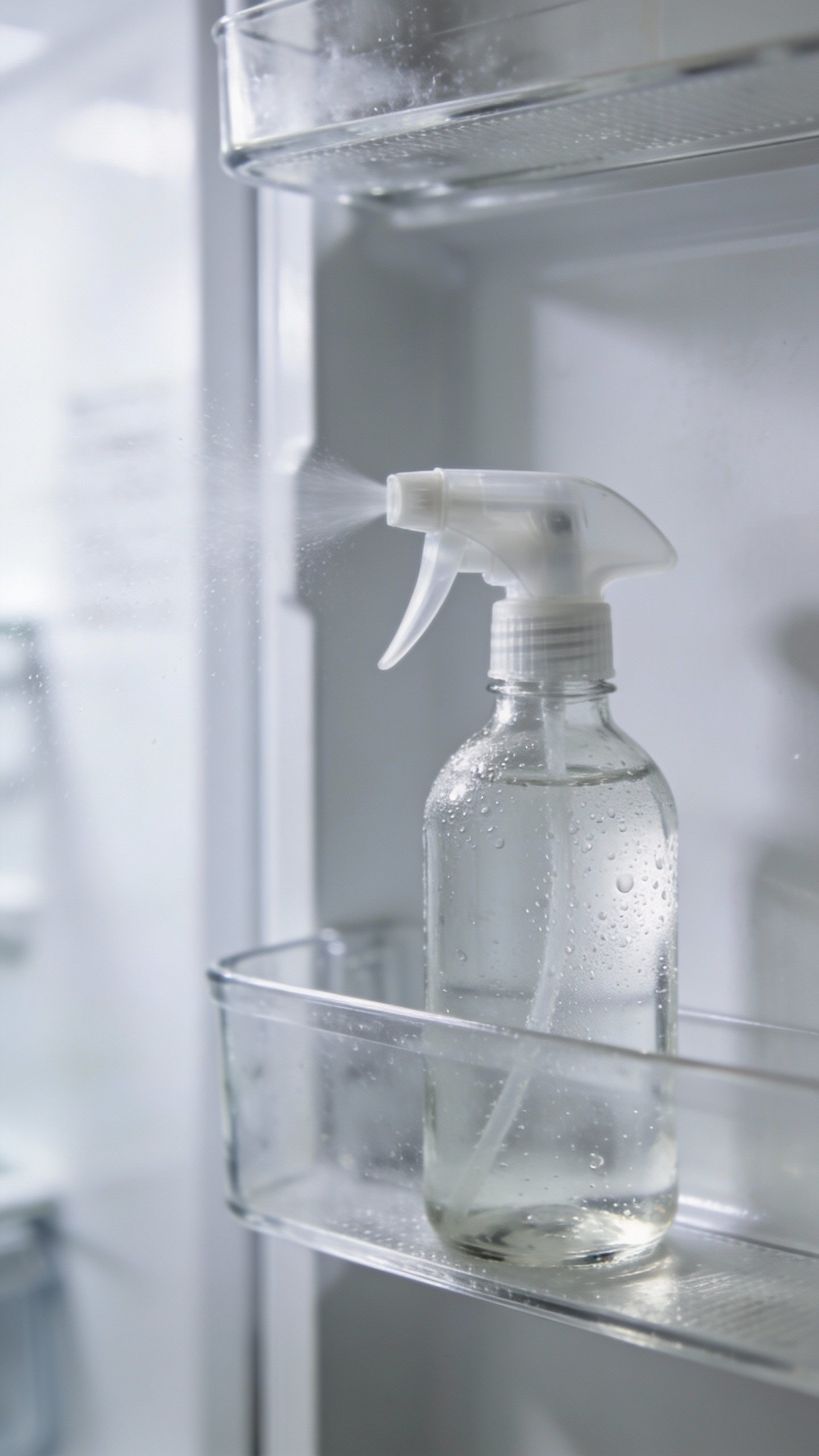 Glass spray bottle labeled “AHA Toner” in refrigerator door closeup