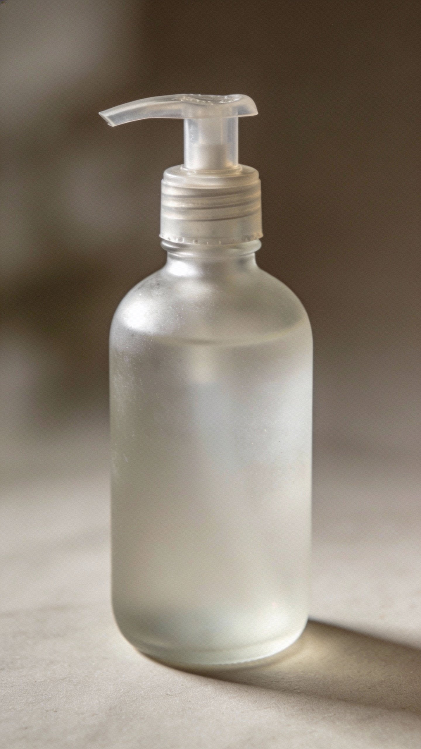 Frosted glass pump bottle labeled “gentle cleanser,” studio closeup