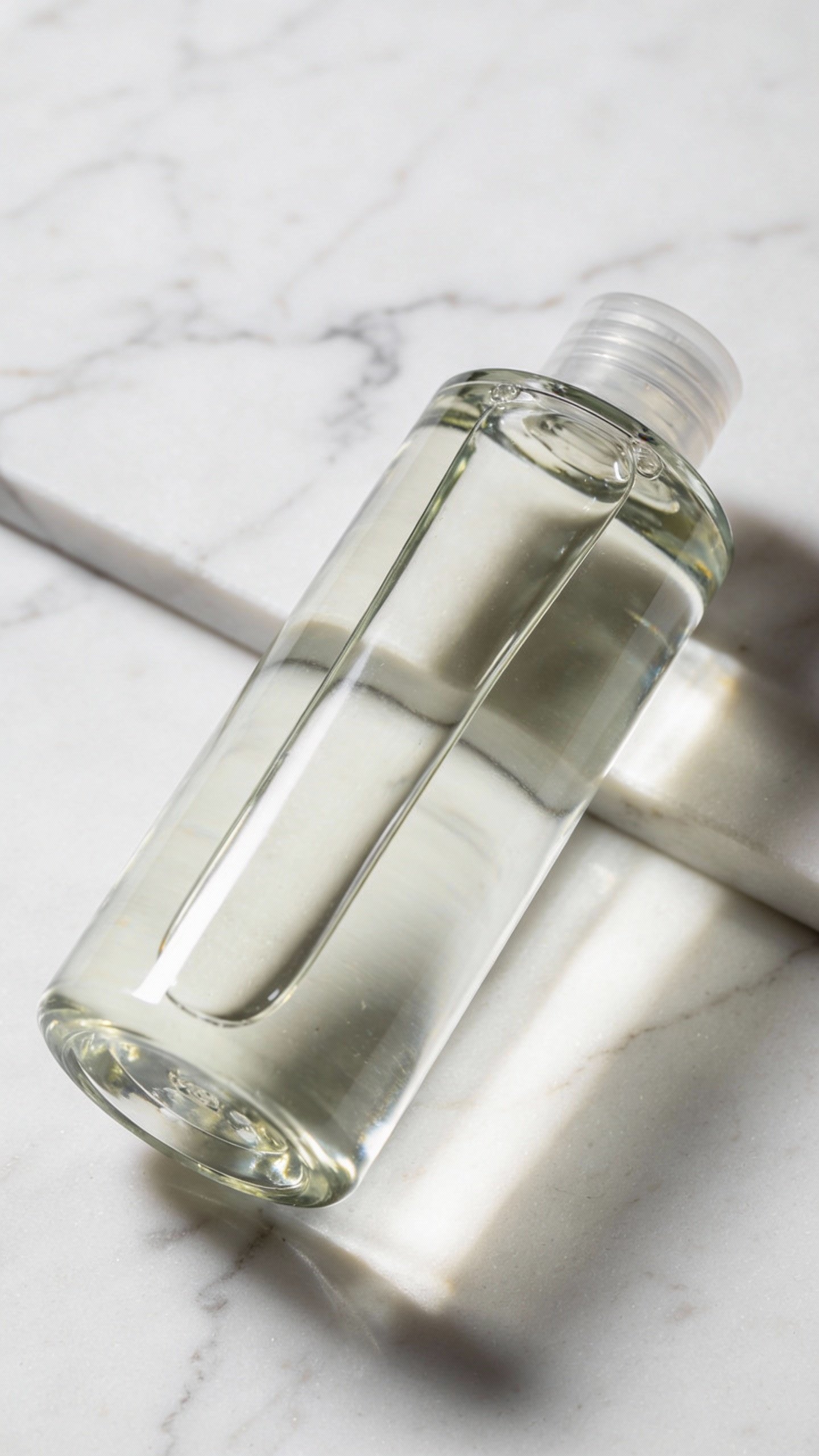 closeup of tea tree toner bottle on white marble