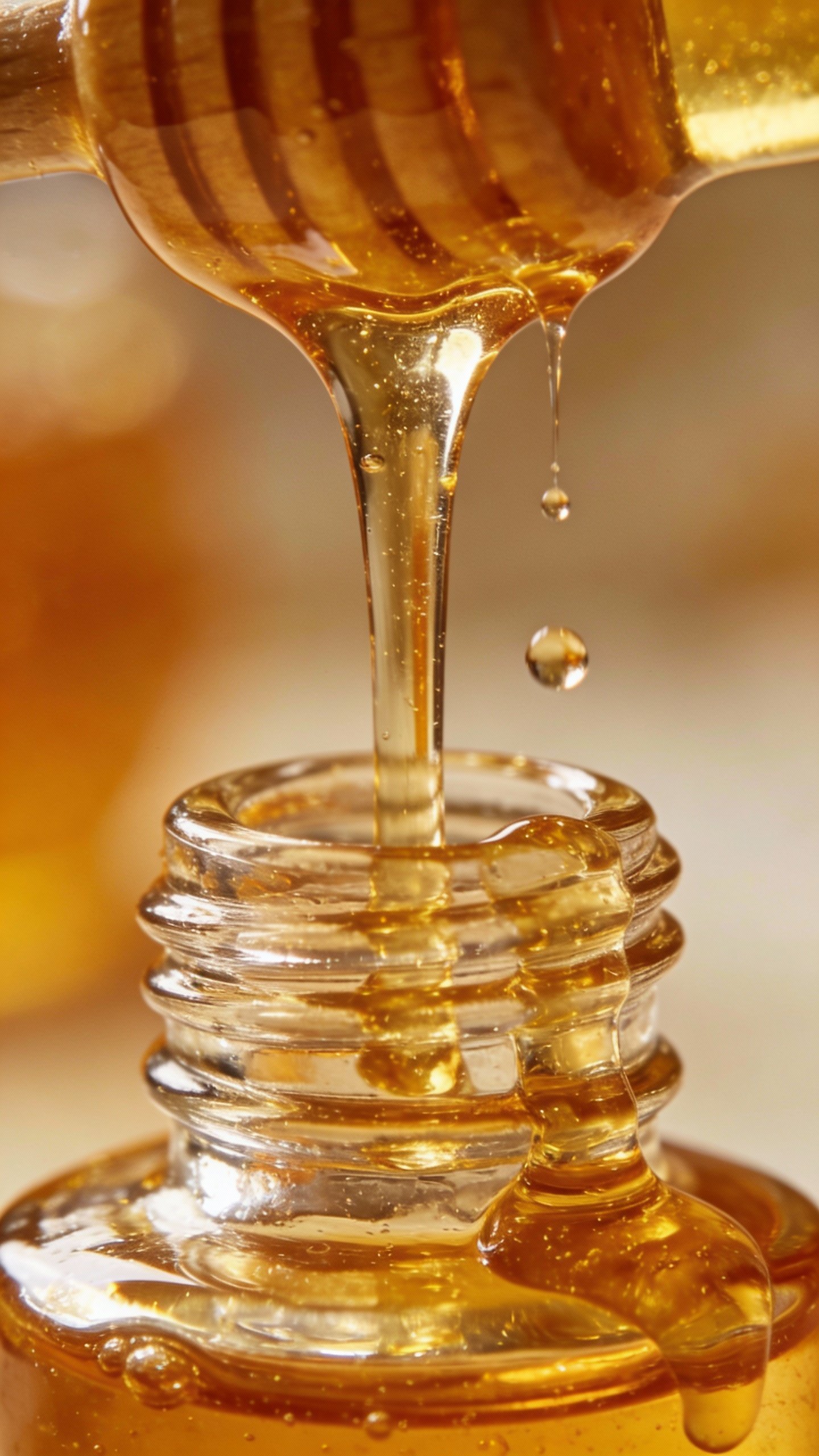 closeup of honey drizzling into a small glass serum bottle