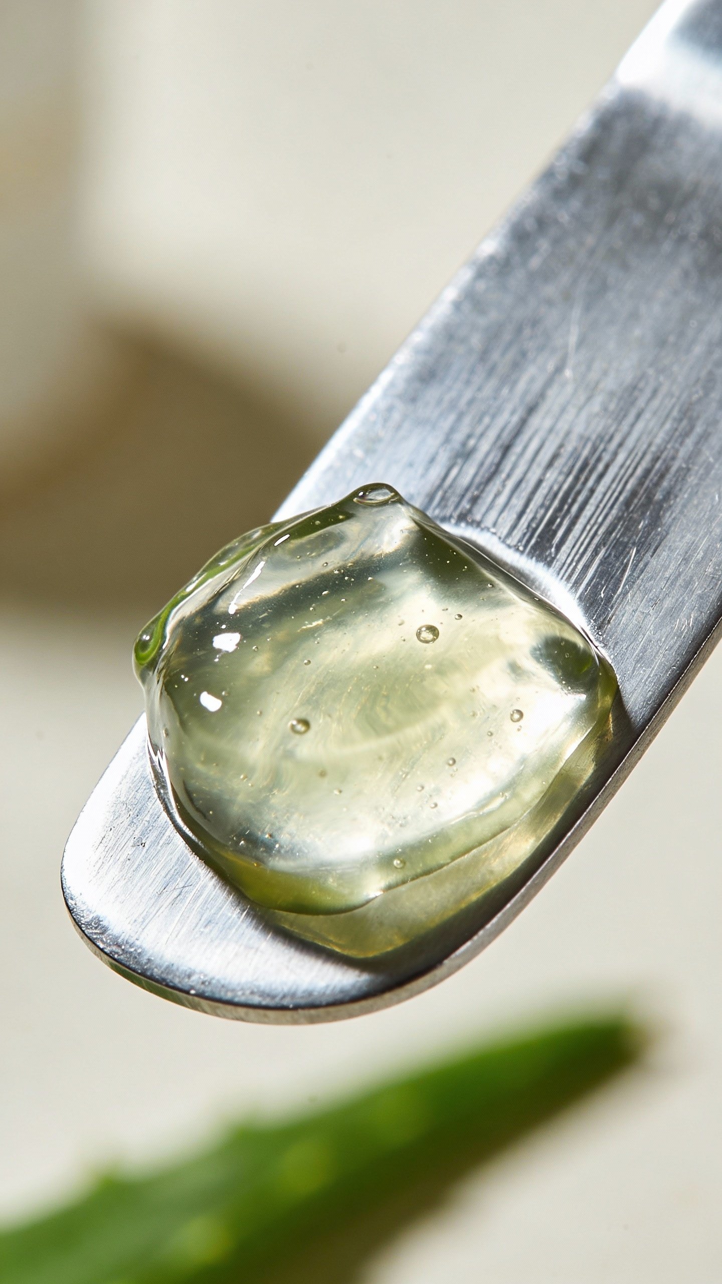 closeup of aloe vera gel on a stainless steel spatula