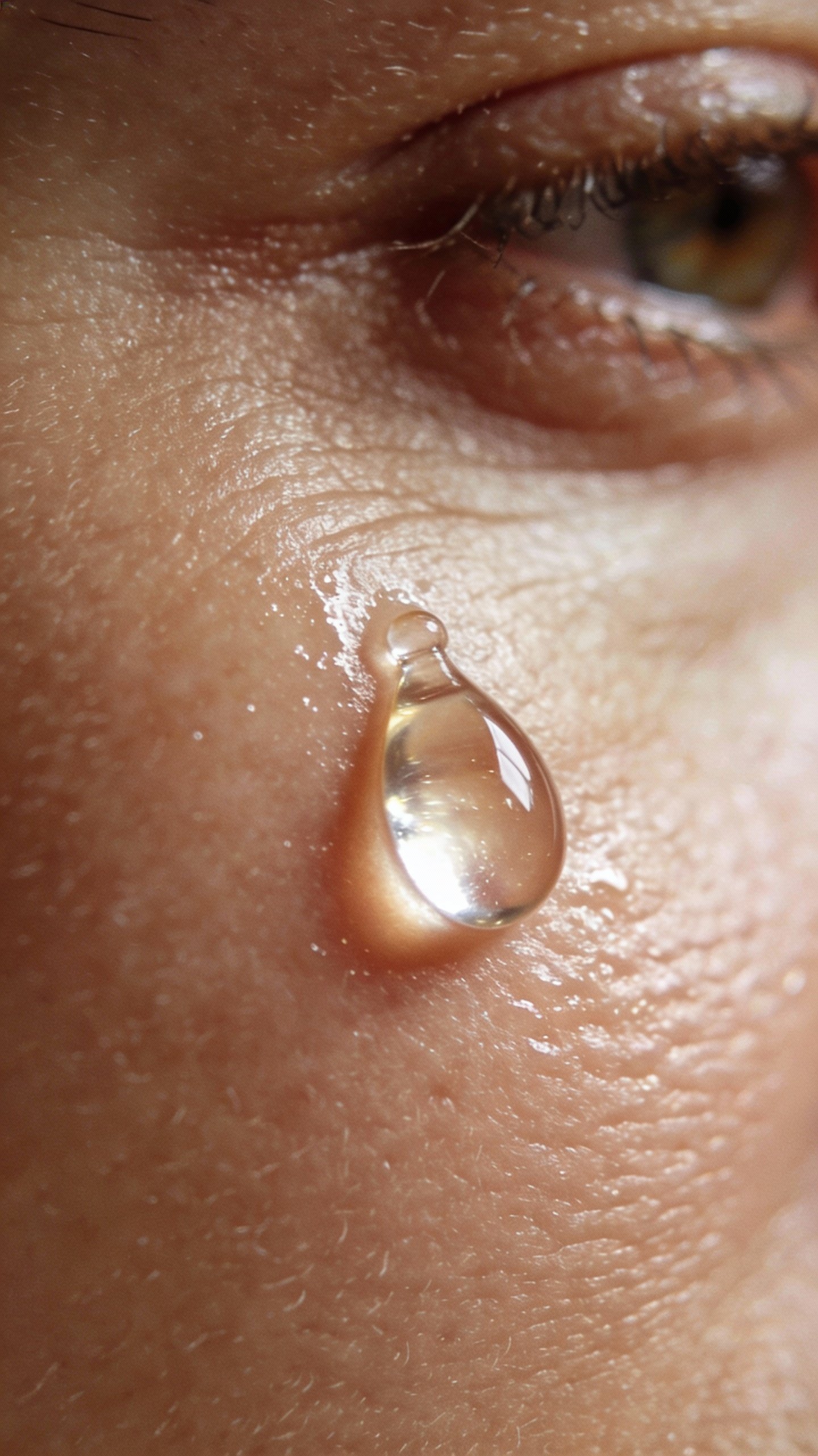 closeup of serum droplet on mature cheek, dewy skin