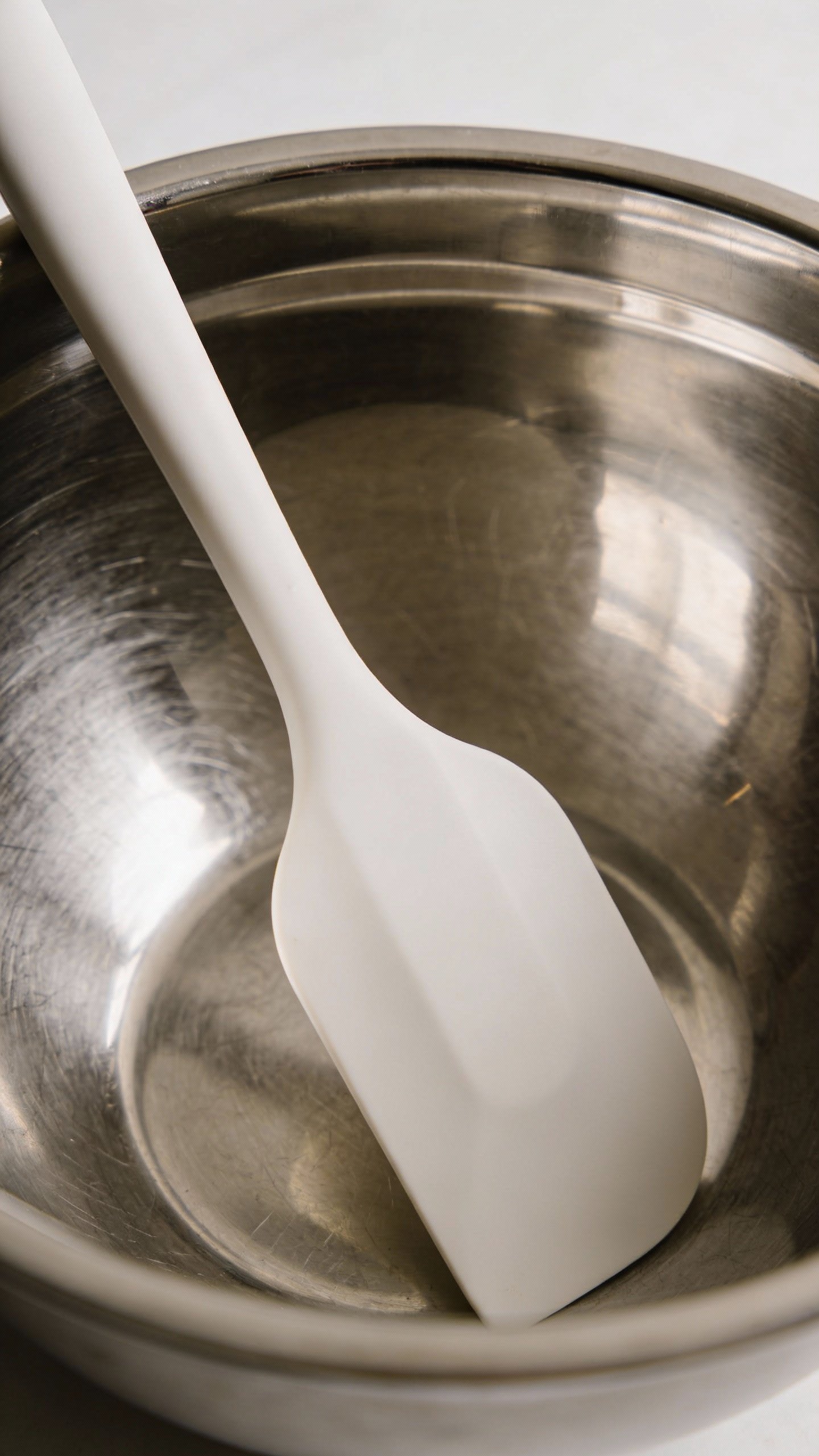 silicone spatula resting in stainless-steel mixing bowl closeup
