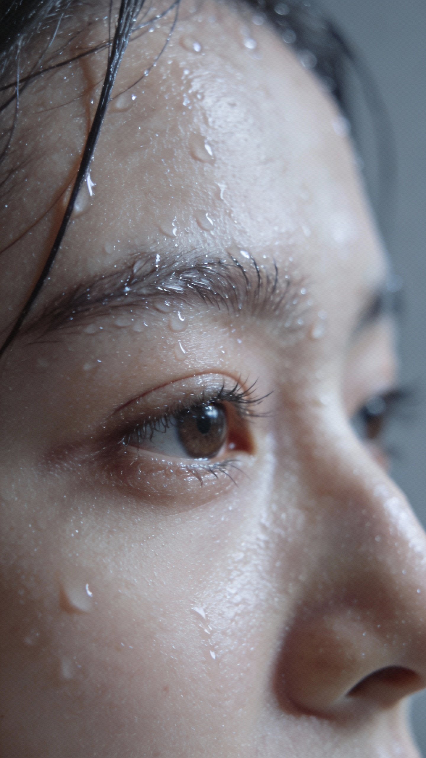 closeup of damp face with water drops, bare skin, neutral background
