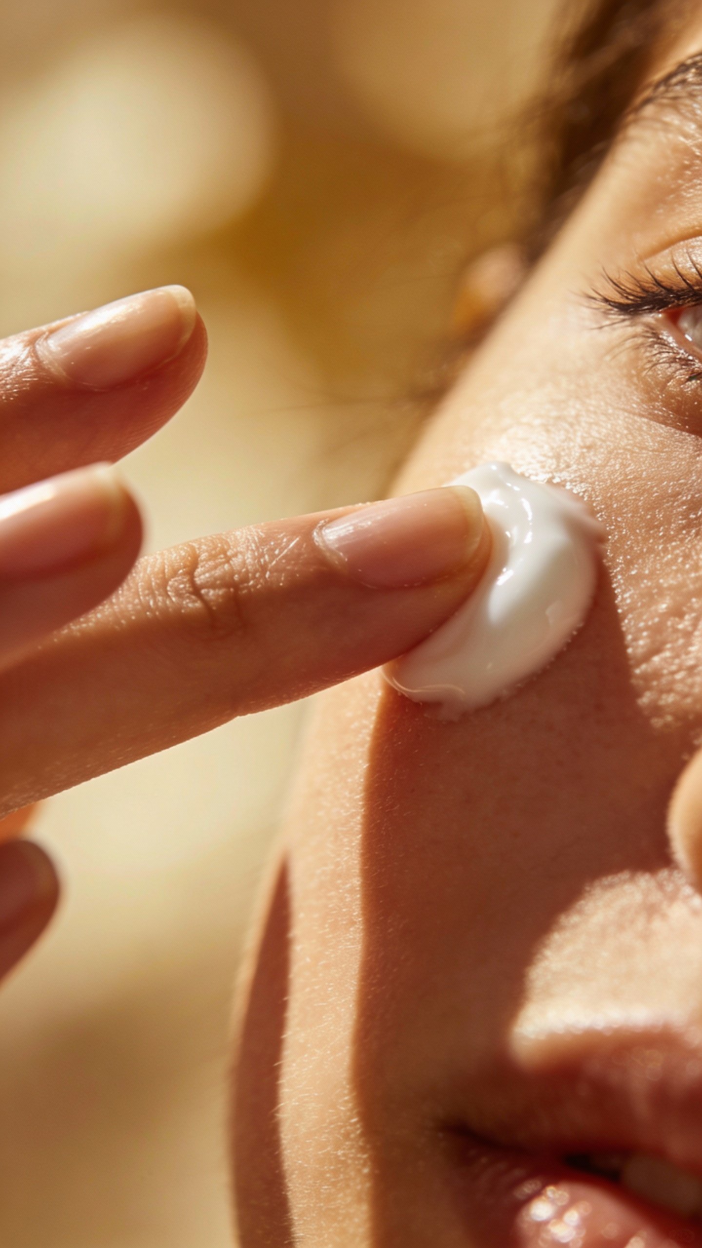 closeup of fingers applying pea-size moisturizer to cheek