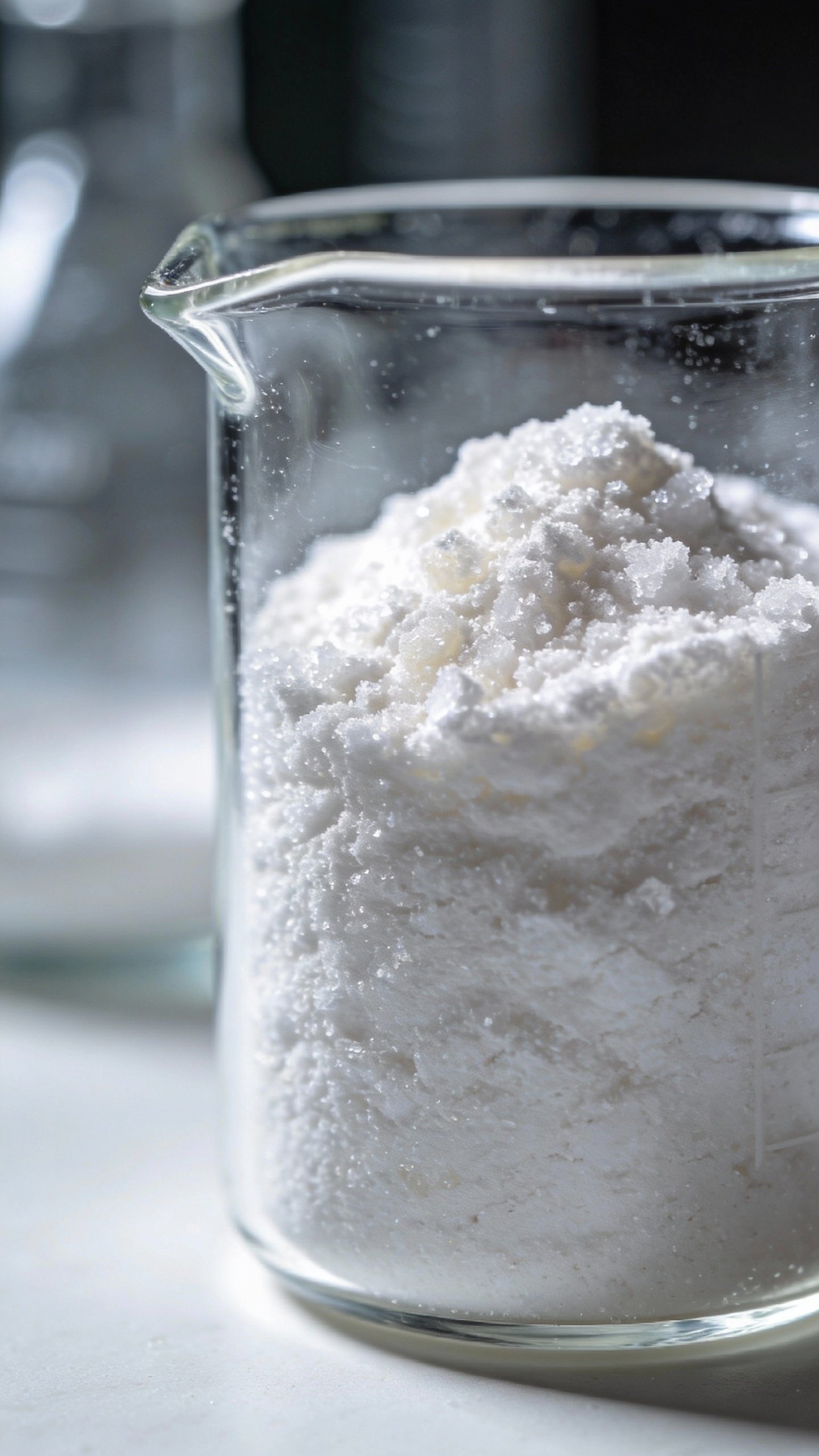 macro shot of L-ascorbic acid powder in glass beaker