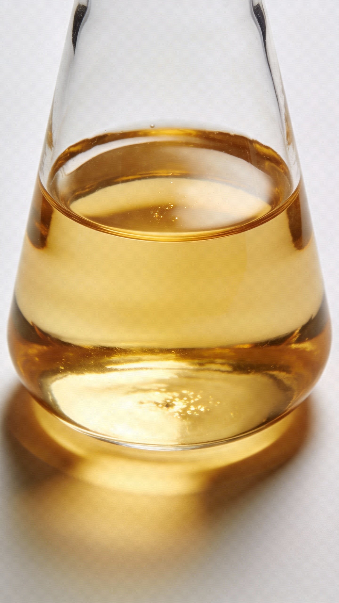 Single beaker with golden face oil against white backdrop