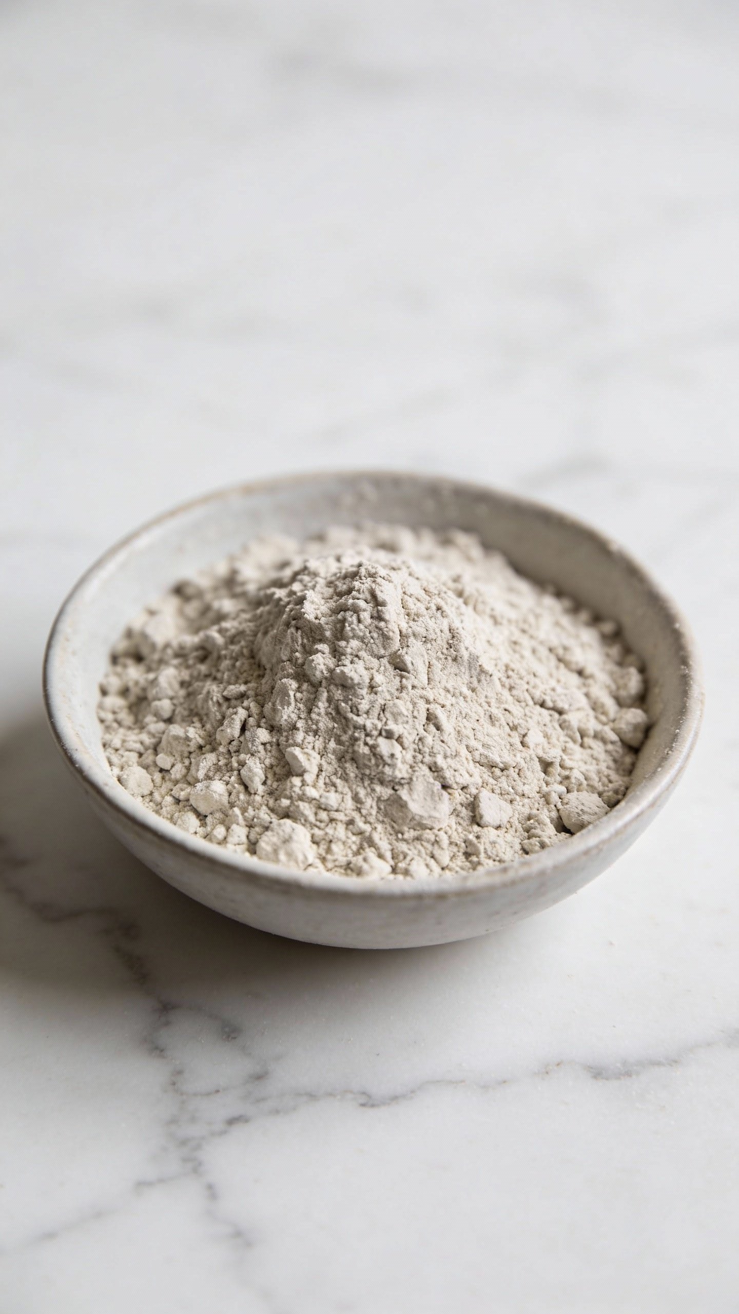 closeup bowl of bentonite clay powder on white marble