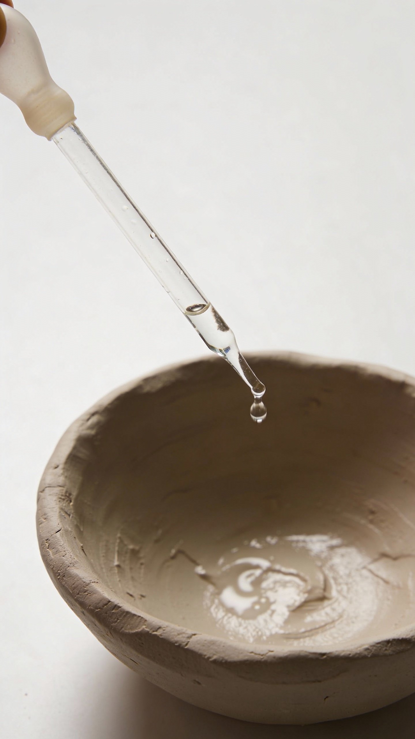 glass dropper adding water into clay mixing bowl