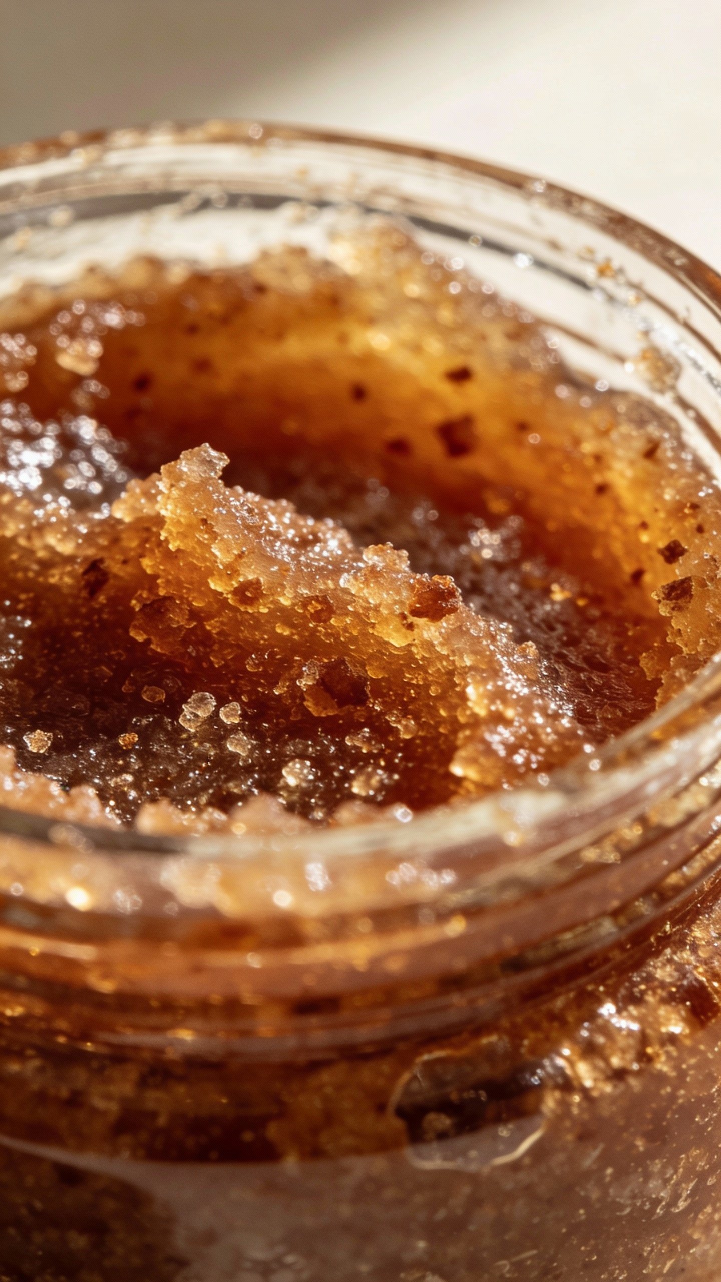closeup of brown sugar scrub in clear glass jar