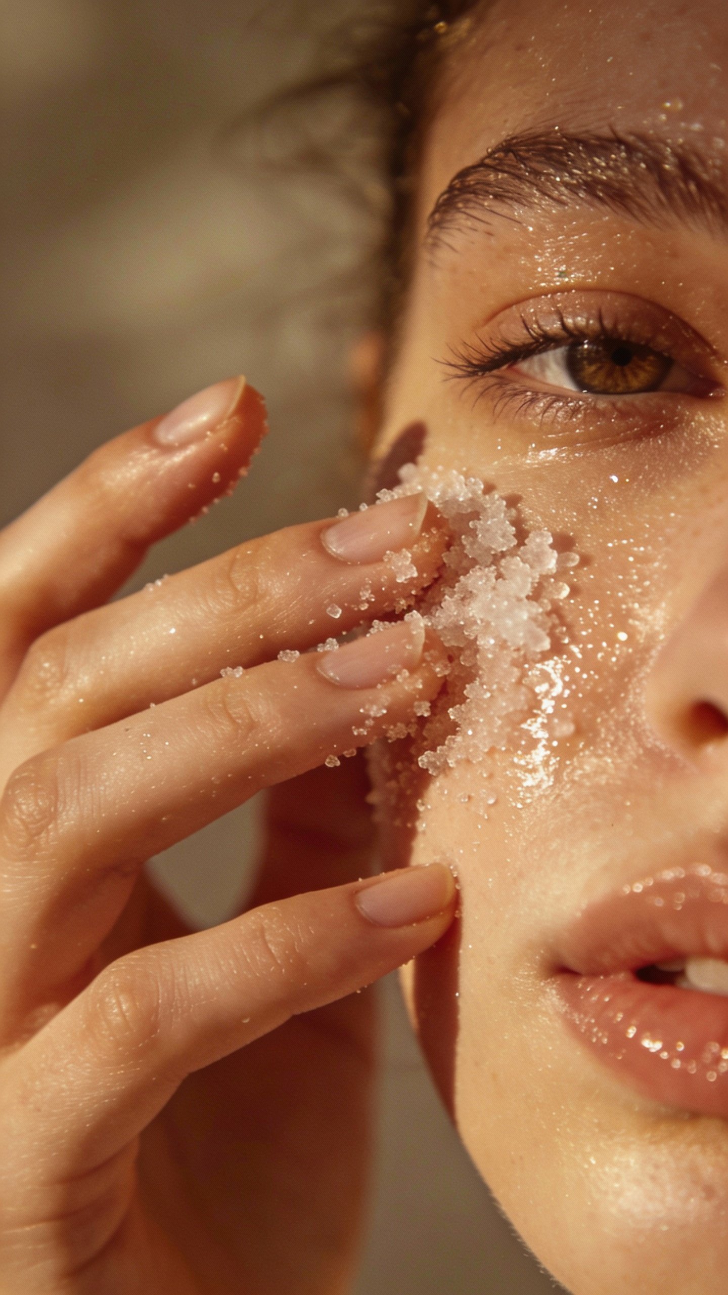 hand applying fine sugar scrub to damp cheek closeup