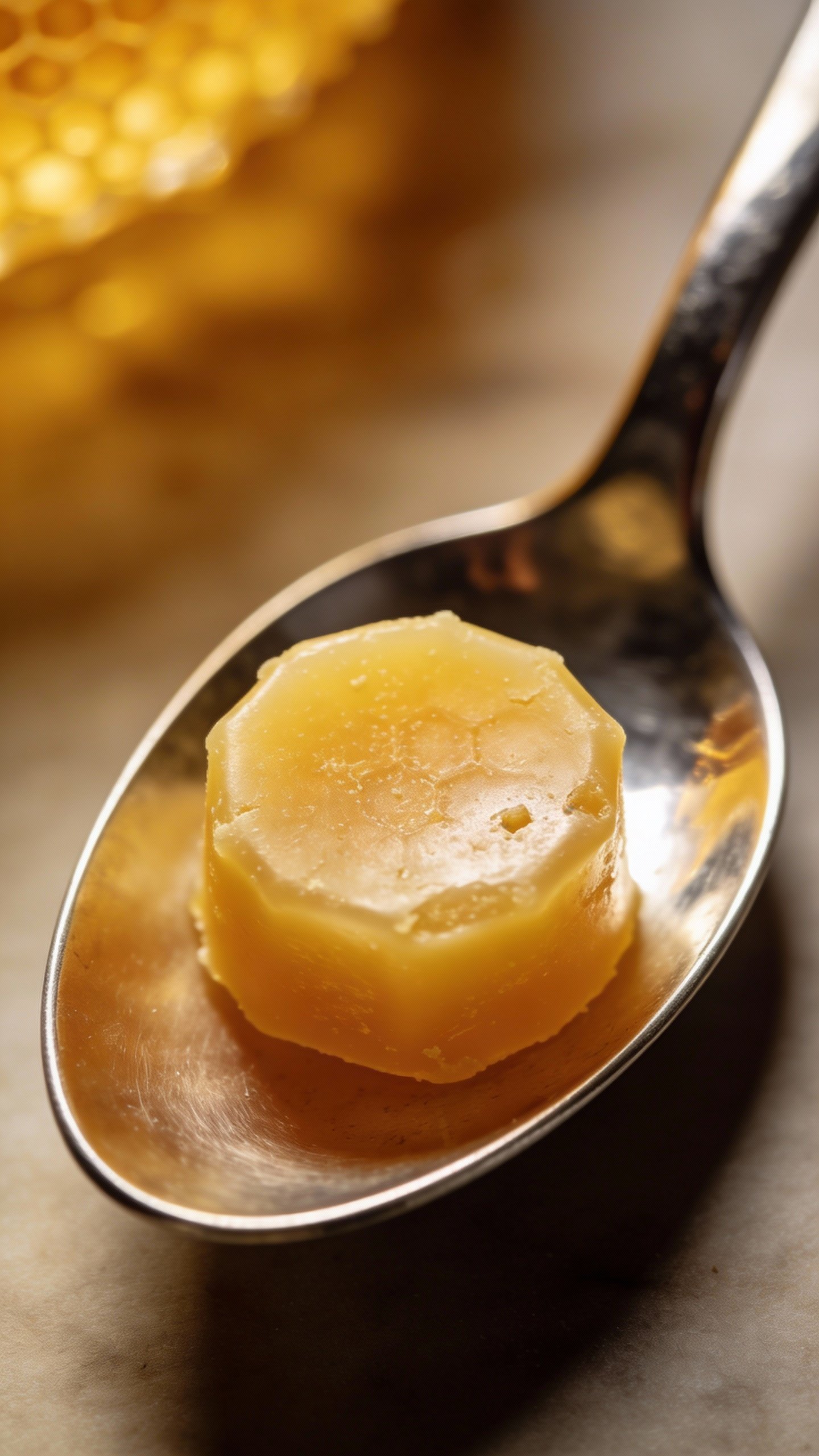 single beeswax pastille on stainless spoon, macro shot